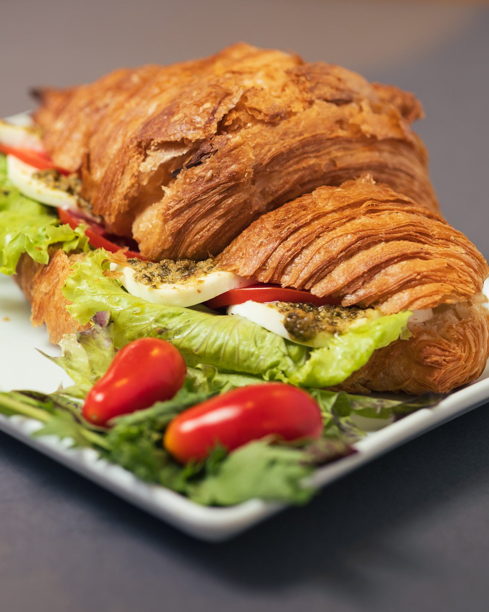 TOMATO PESTO MOZZARELLA CROISSANT Delicious flavor combinations of Tomato Pesto and Mozzarella to help keep you moving on your day at the beach