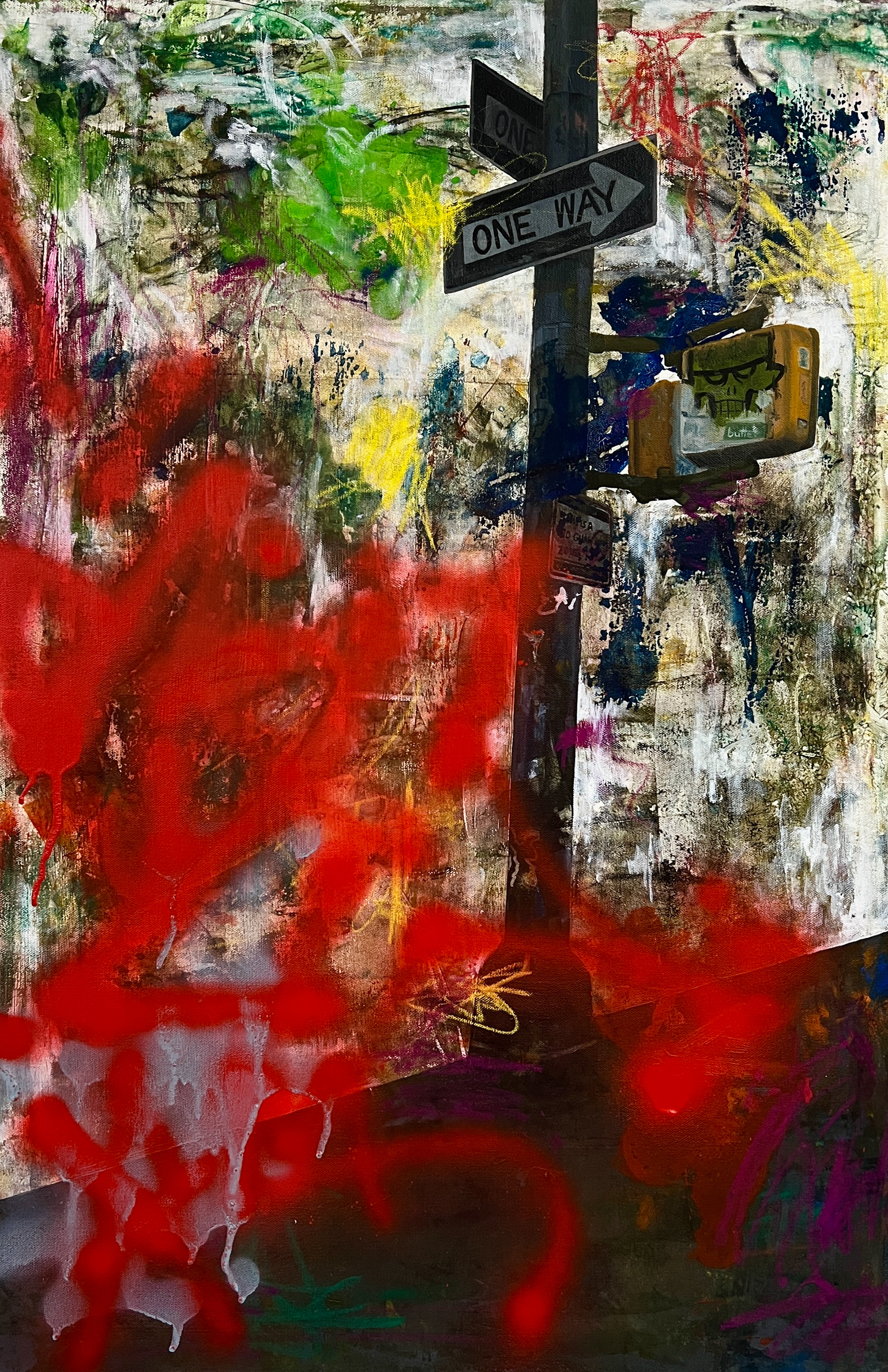 "ONE WAY", Screenprint over Oil on Canvas, 2024
