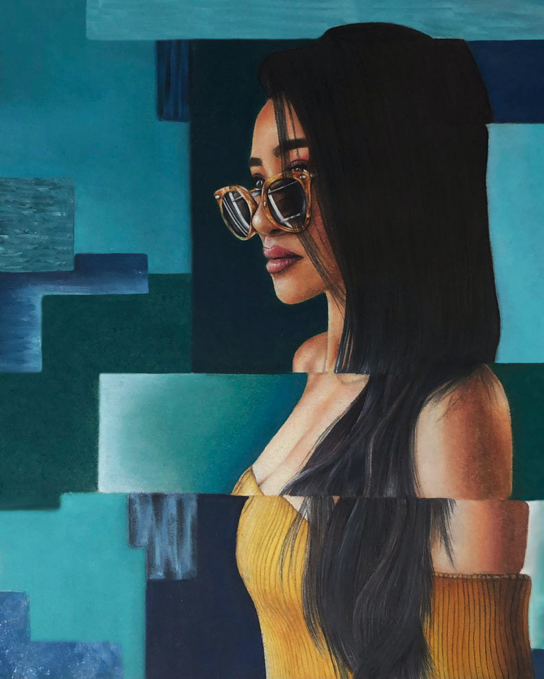 In A Glitch, Colored Pencils, Ink, and PanPastel on Paper, 2019