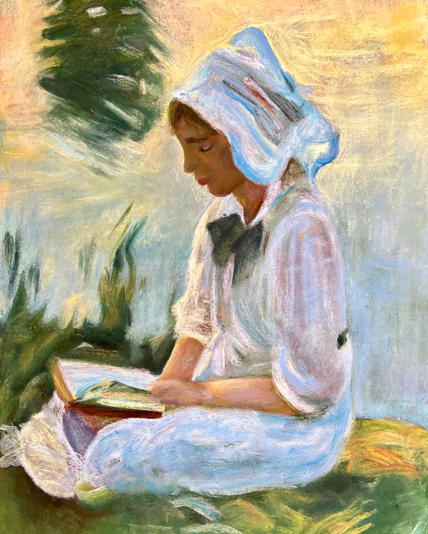 “Girl reading by a stream” Copy, Pastel on Paper, 2022