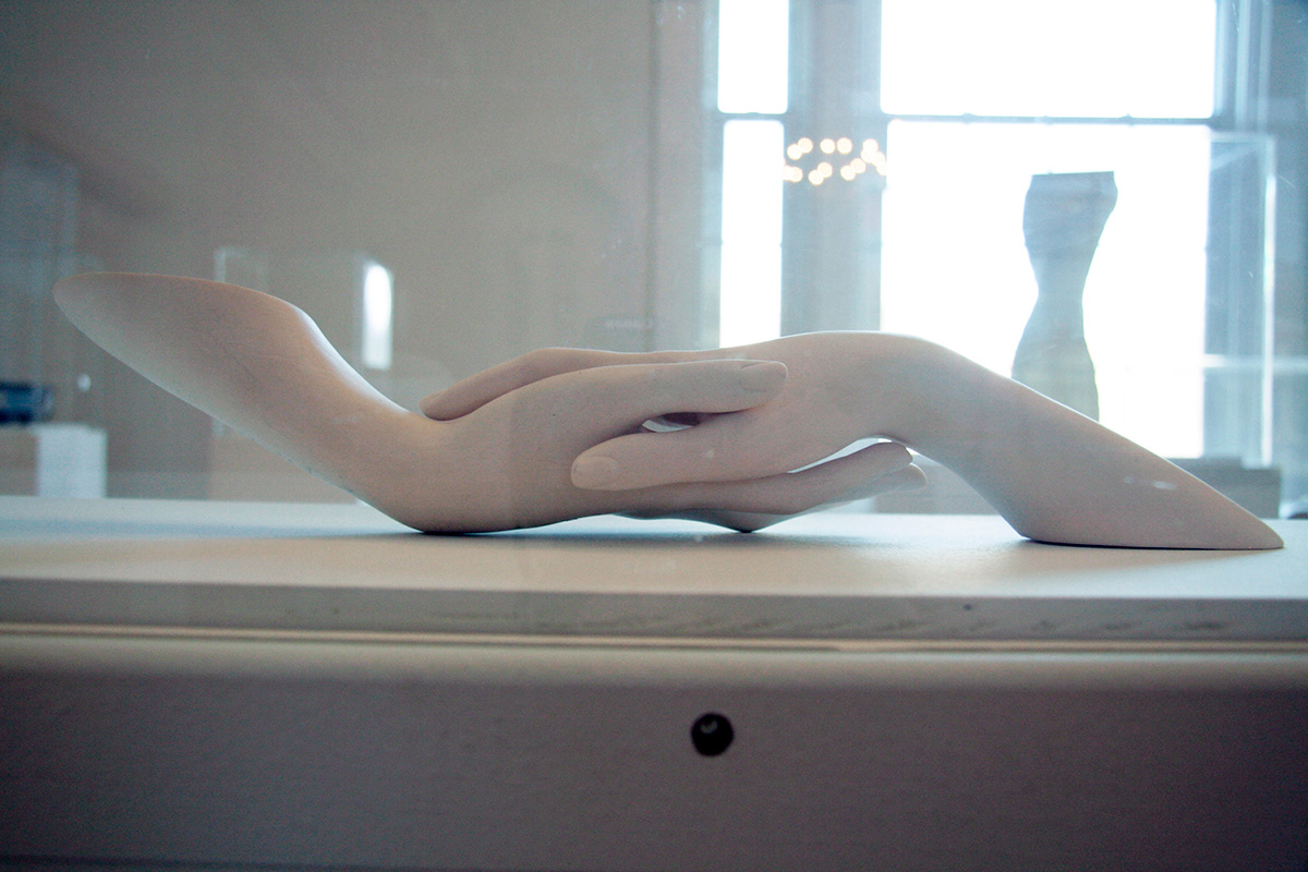Cast porcelain hands . the weight of a tiny bird . MFA thesis show . The Schein-Joseph International Museum of Ceramic Art . Alfred, NY . 2007