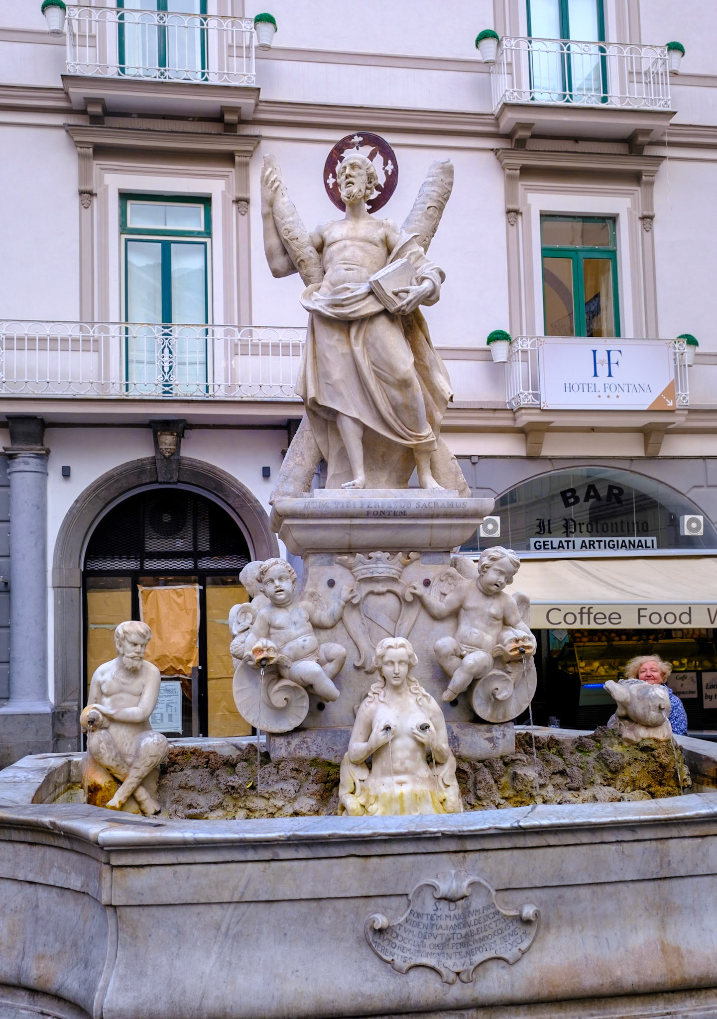 Fountain in the Piazza del Duomo, Amalfi.  You can fill your water bottle from the water-nymph's ta-tas.