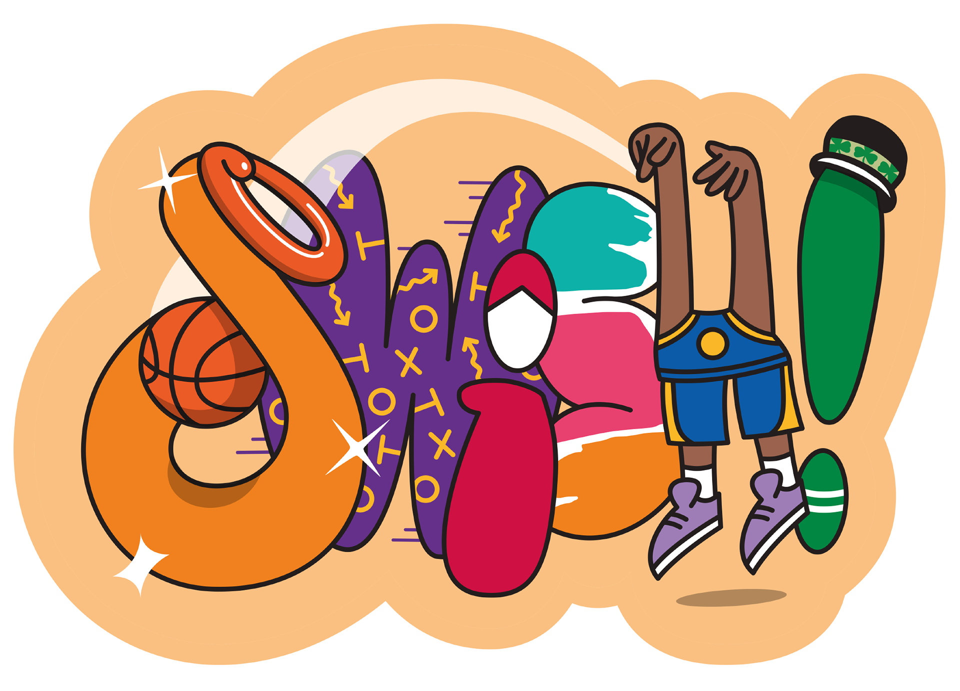 Oikeassa yläikkunassa on kuvitettuna sana SWISH, josta voi löytää viittaukset kaikkiin suuriin NBA-dynastioihin. W-kirjaimessa on LA Lakersin värit ja logon vauhtiviivat, I-kirjain mukailee Chicago Bullsin ilmettä, toinen S-kirjain perustuu San Antonio Spursin 90-luvulla käyttämiin ”Fiesta”-väreihin, H-kirjaimena toimii Golden State Warriorsin (päätön!) Steph Curry (vuoden –22 finaalien violetinvärisissä kengissään) ja huutomerkillä on Boston Celticsin menninkäishahmon hattu.
