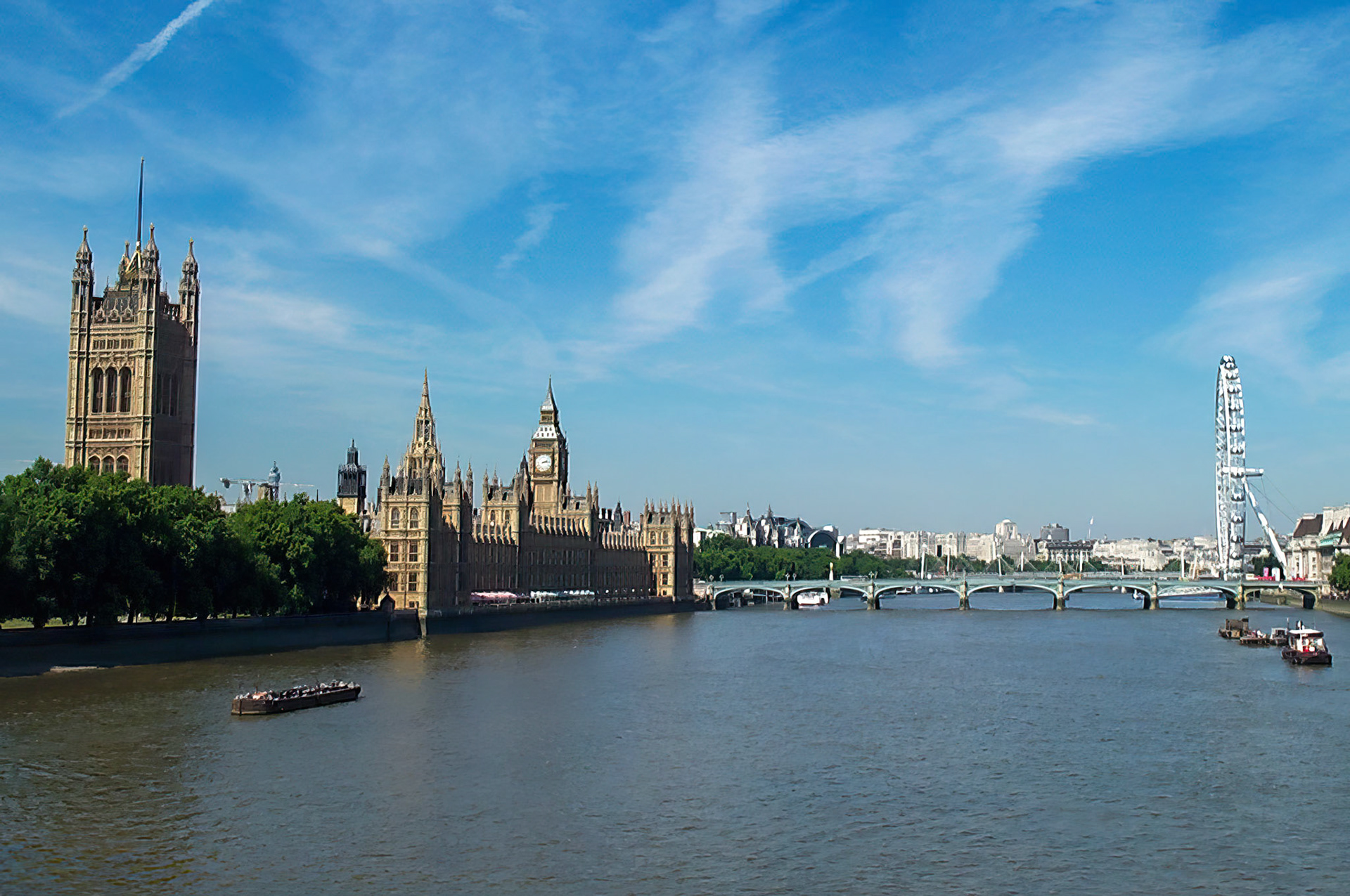 Palace of Westminister, Westminister Bridge, and London Eye on the River Thames