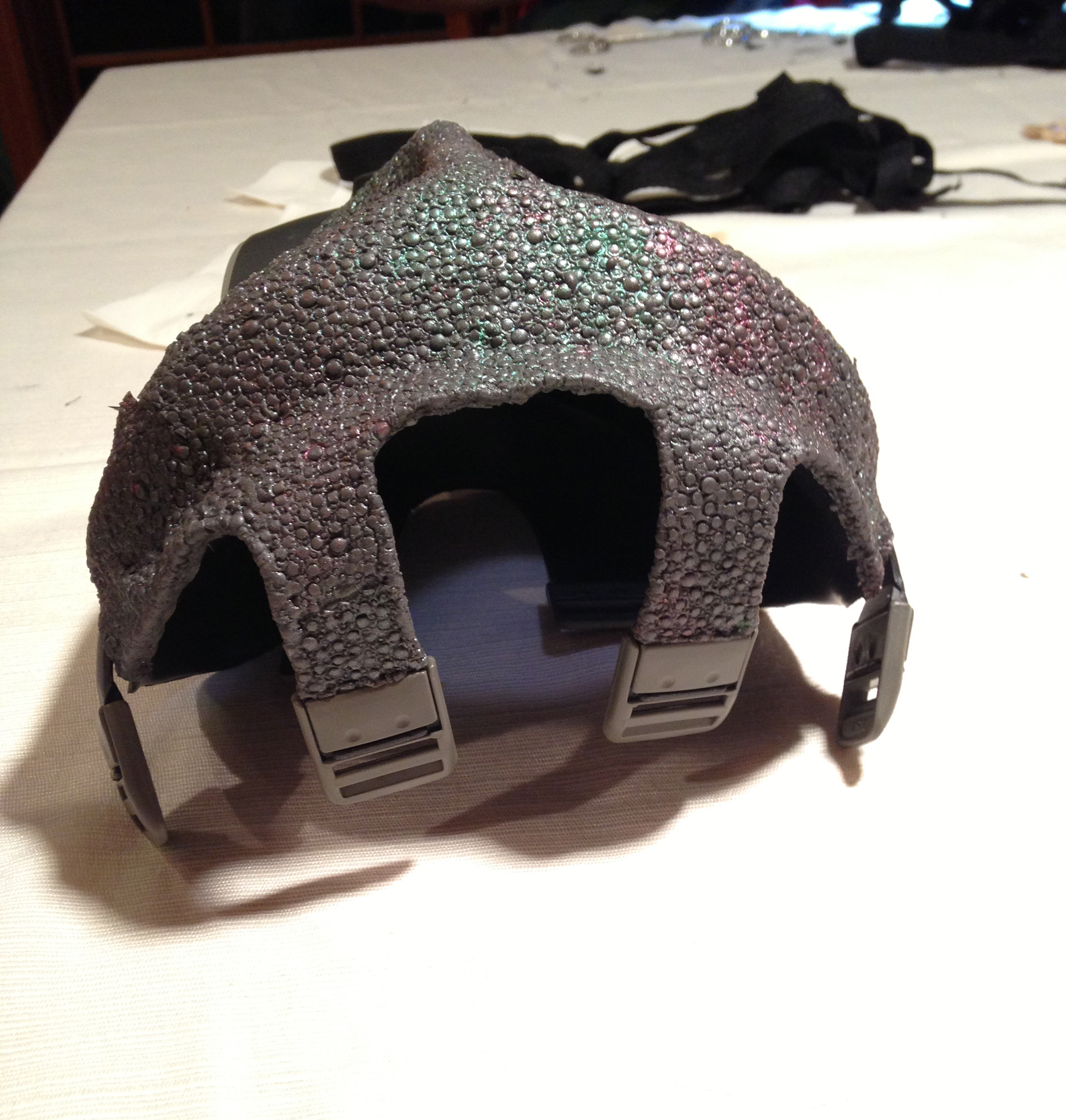 Reptile skin completed and applied to the mask