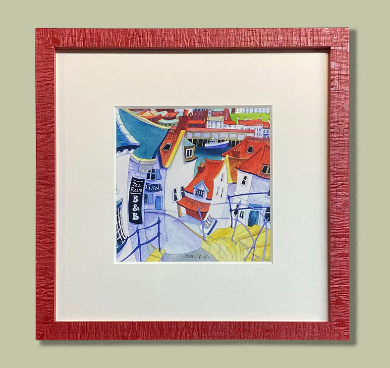 Holiday print, framed with deep mountboard and Red textured frame