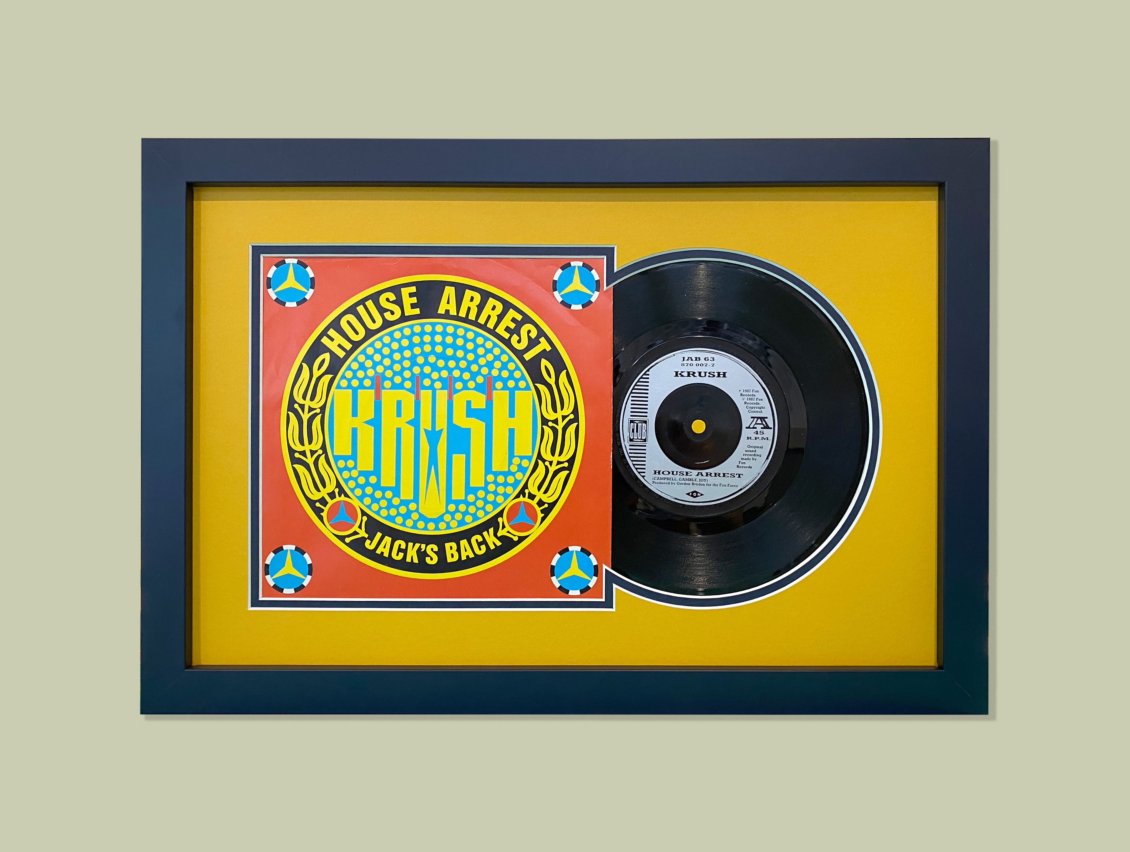 7" Vinyl record and slip, framed with double mount and Navy frame