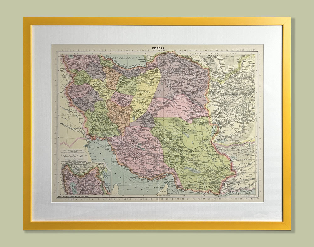 Map of Persia - Dry Mounted, Hayseed Mountboard and Yellow Frame