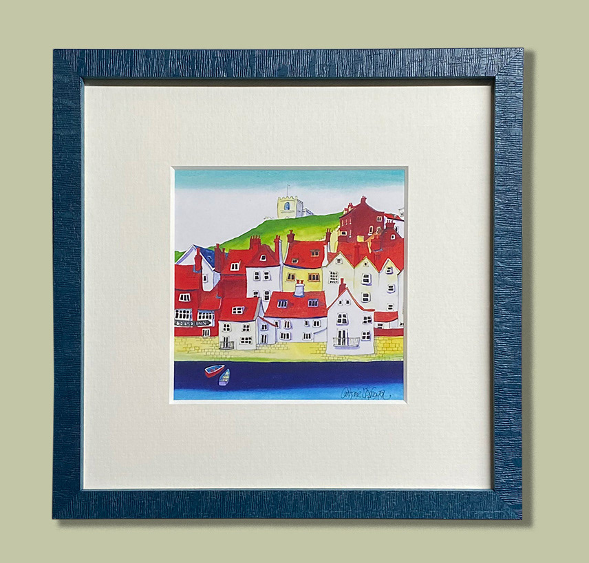 Holiday print, framed with deep mountboard and Blue textured frame