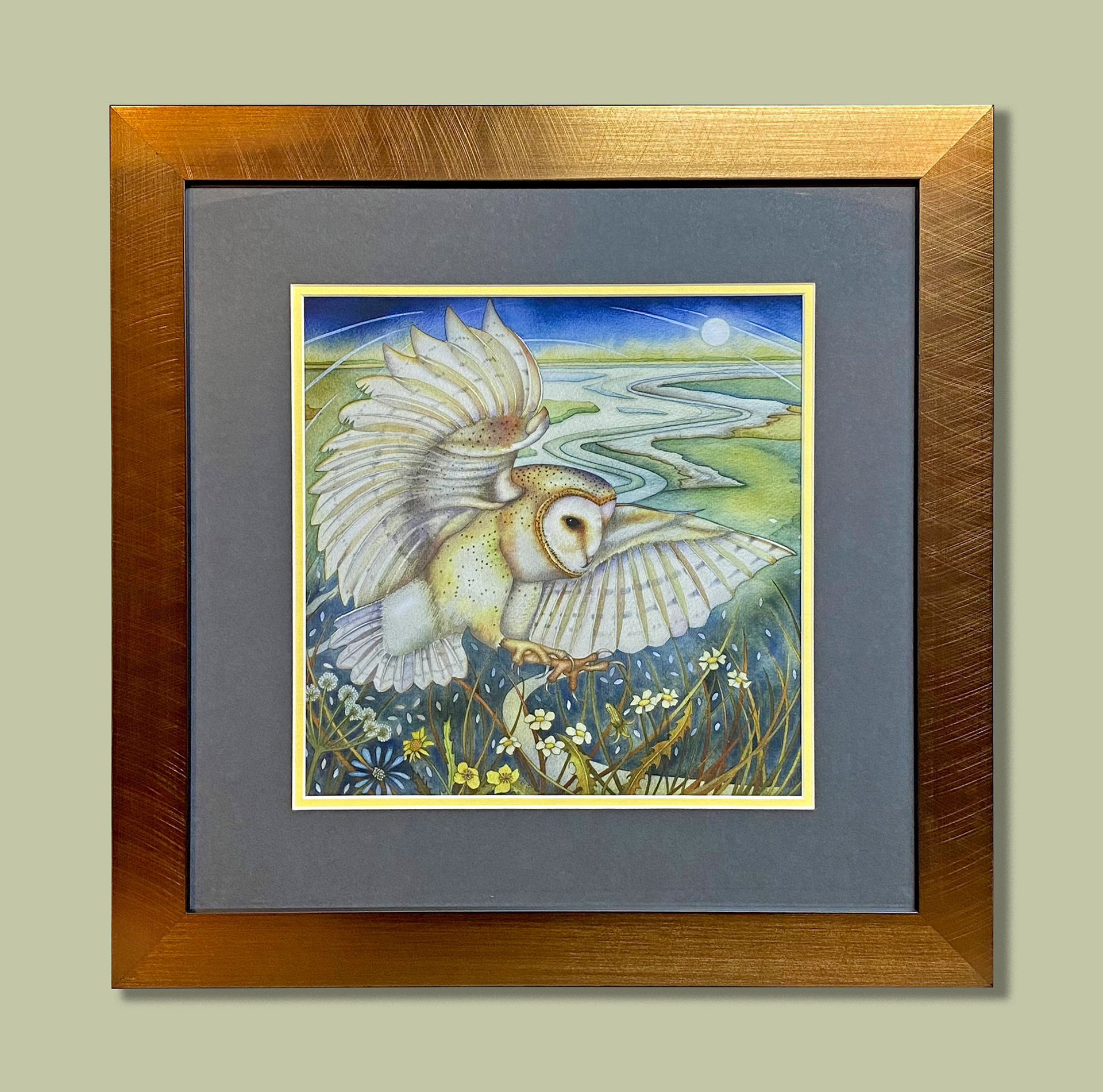 Giclee Print. Framed square, with Double Conservation Mount and bronze effect frame
