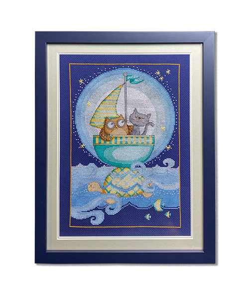 Owl and Pussycat cross stitch framed in Blue frame