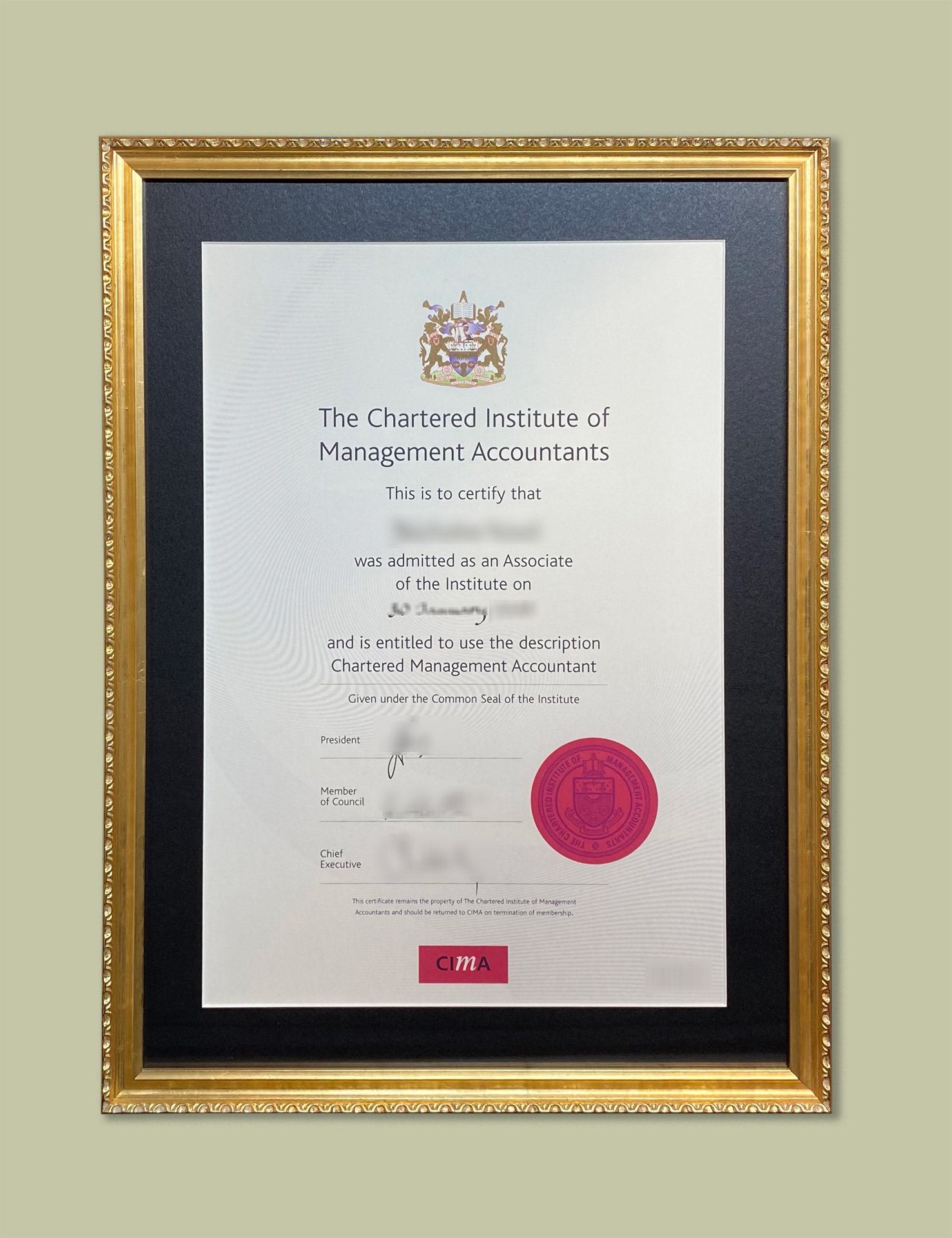Professional Certificate, framed using conservation methods (incl a method where no adhesive touches the certificate), conservation Mountboard, UV Glass, Gilt Frame