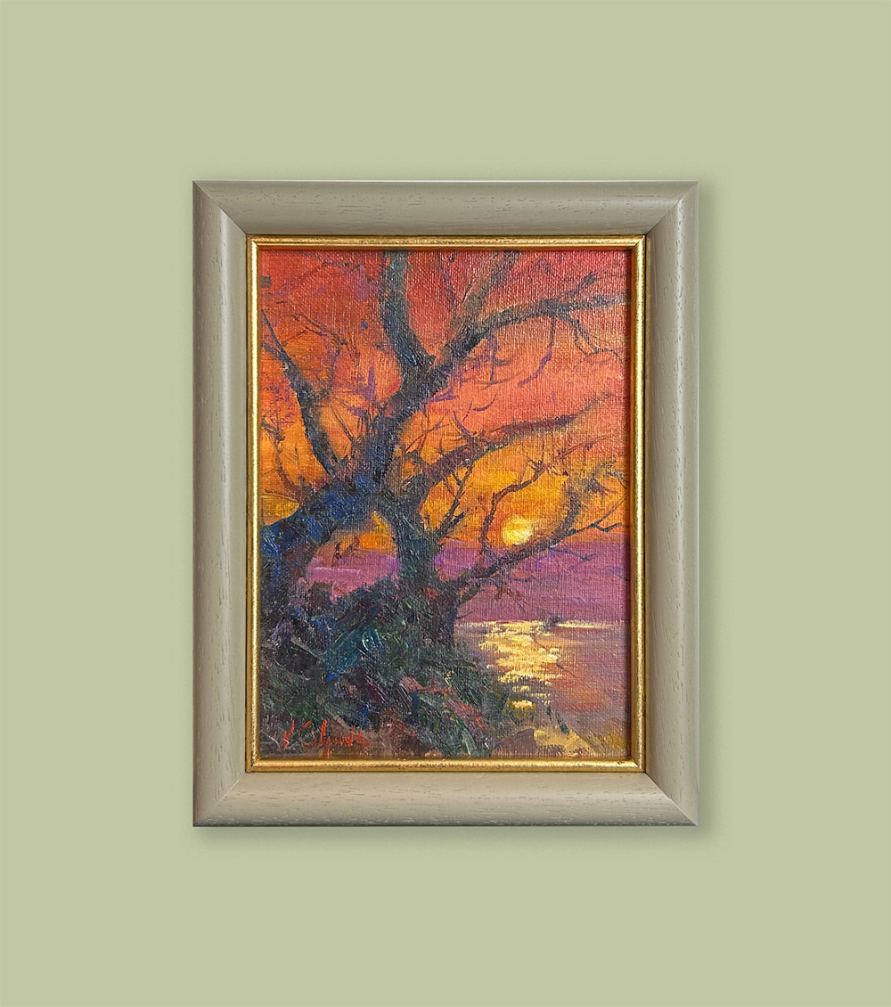 Oil on board framed with Olive Hockey moulding and gold-leaf fillet