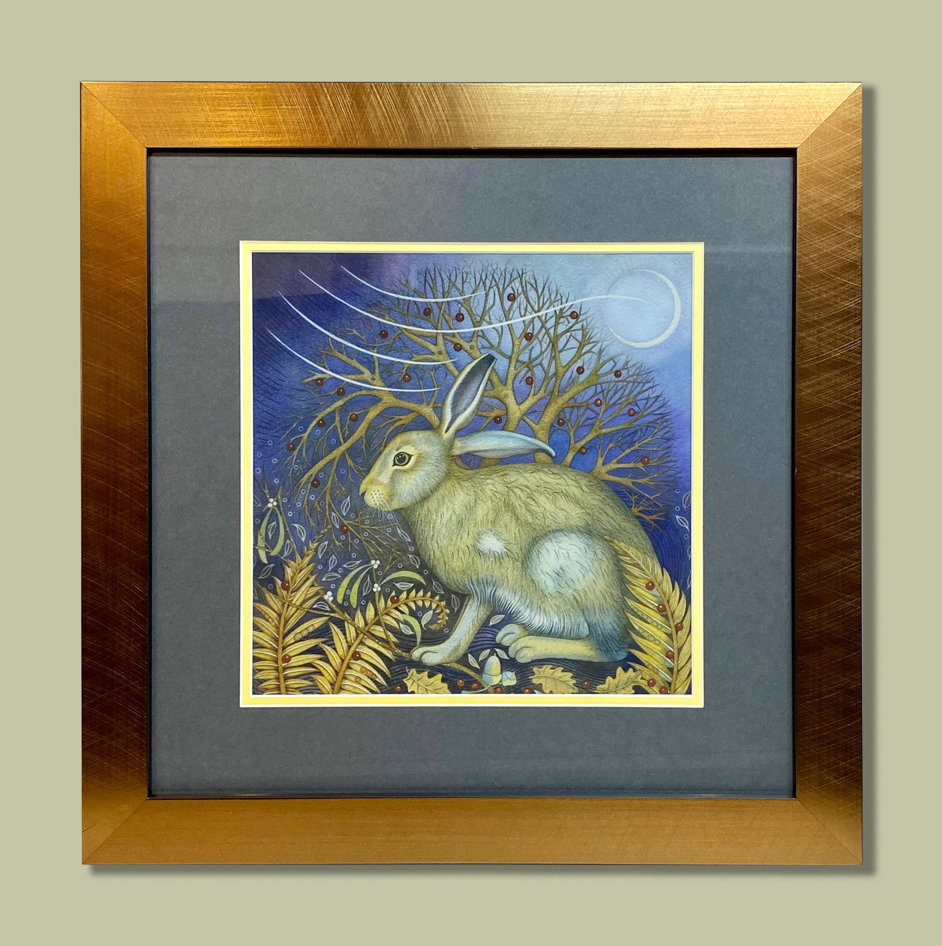 Giclee Print. Framed square, with Double Conservation Mount and bronze effect frame