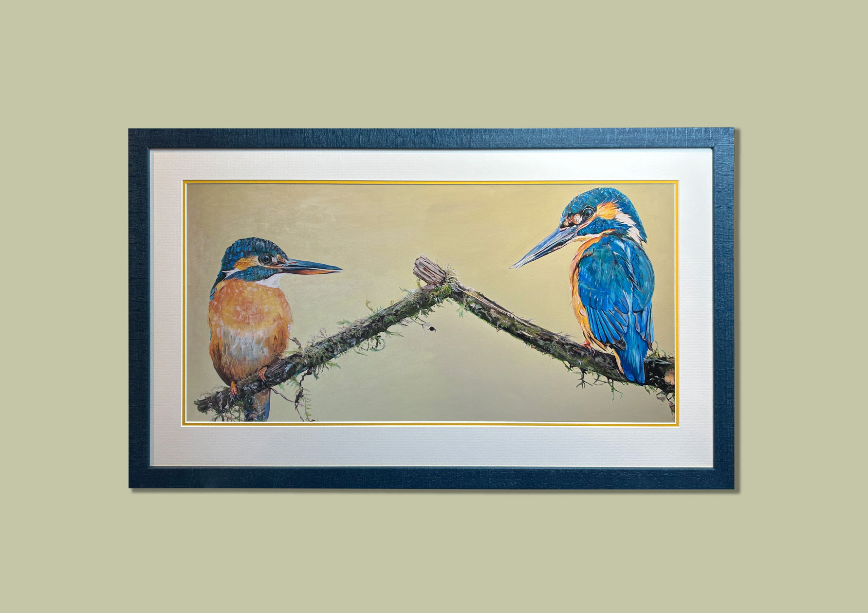 Kingfisher Print framed using conservation materials and Art Glass (virtually Invisible)