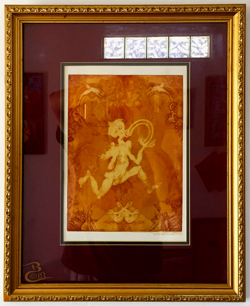 “Spectral Emesis, Ochre” MEDIUM: etching
STORY: See “Spectral Emesis, Black.” (Shown with bonus glass block window reflection.)