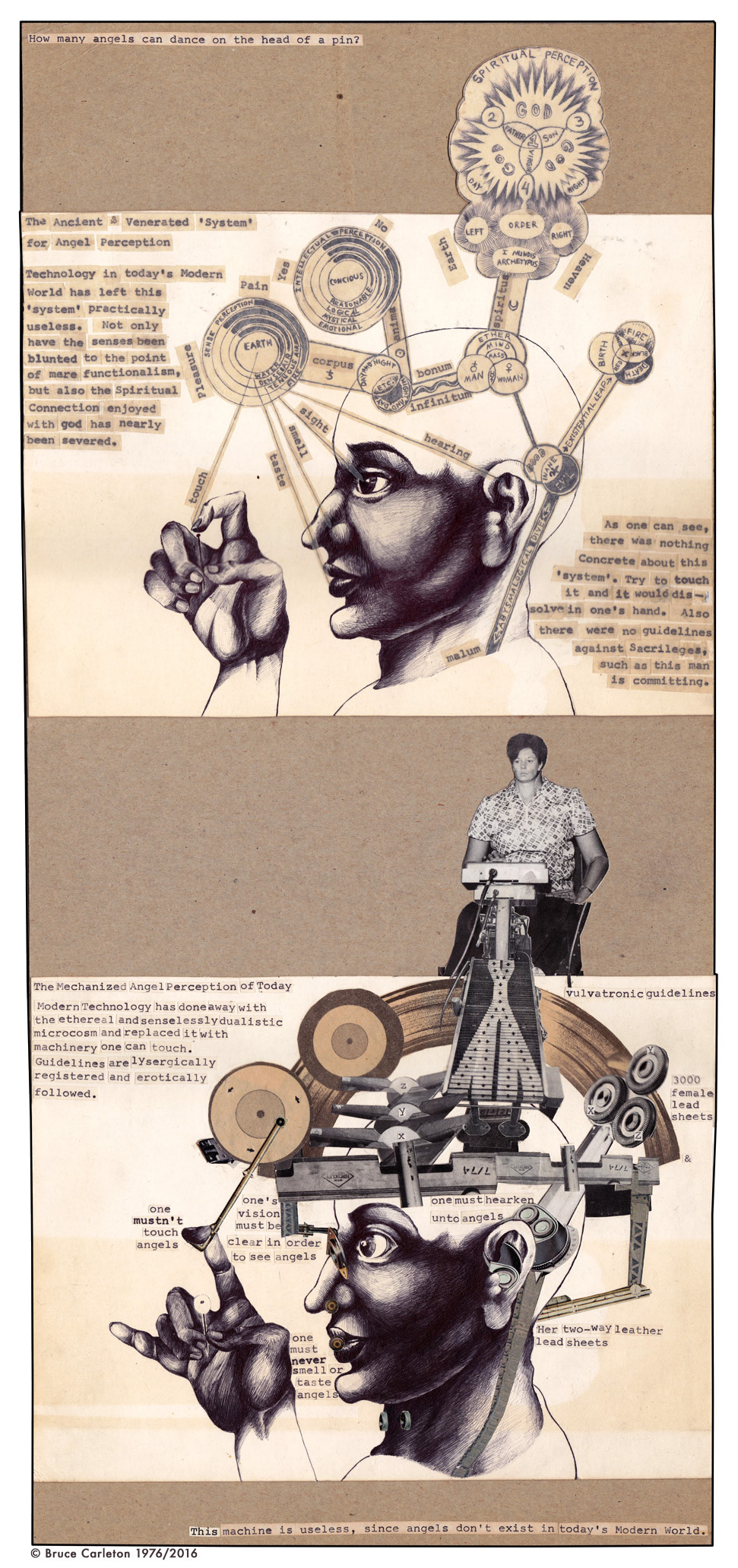 “This Is Not a Machine for Counting Angels” MEDIUM: collage (photos + typewritten copy + pen drawings on paper) STORY: I tried to transfer to Cooper Union (free tuition!) in the spring of 1976. The only thing I recall about the application process was that they assigned an art project. As I remember it, we were supposed to come up with a machine with no practical purpose, or something like that. This, then, is that. The upshot: I didn’t get in.