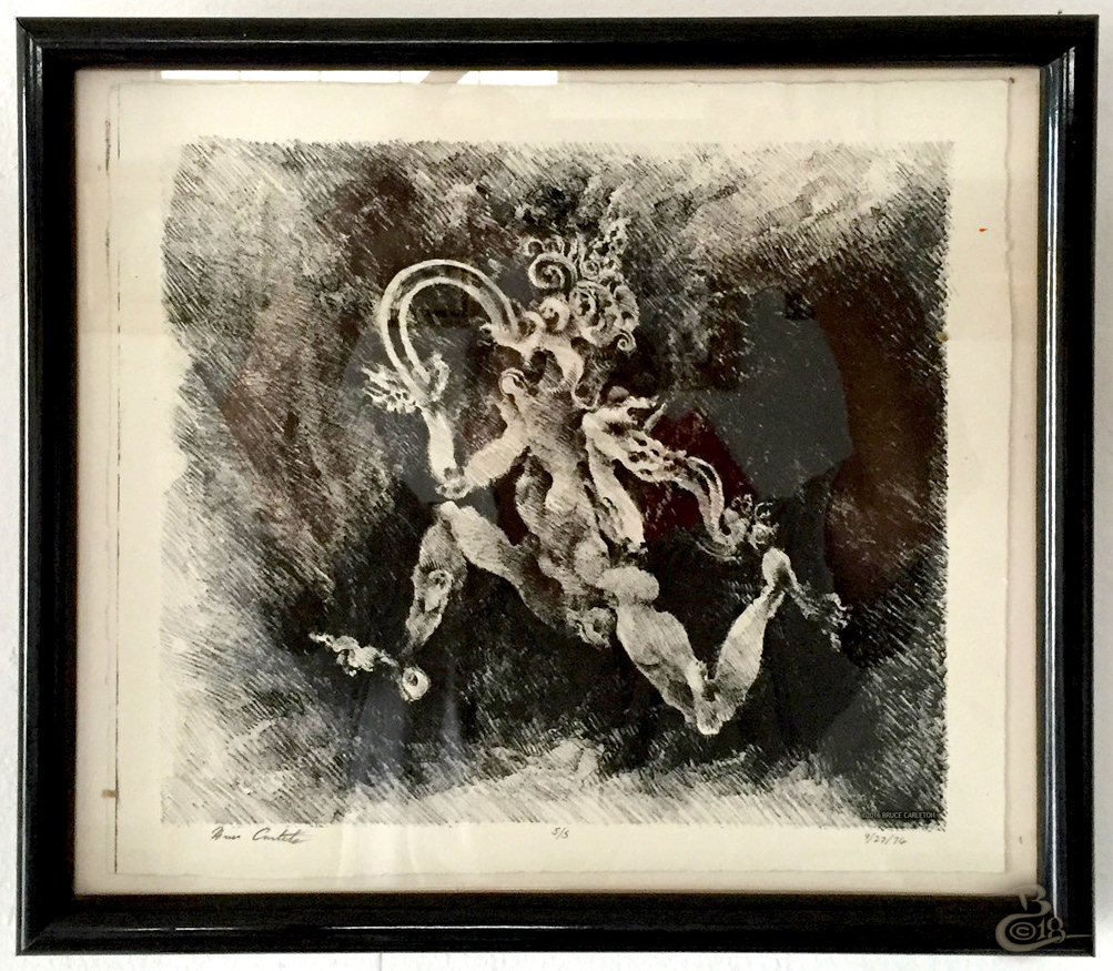 “Spectral Emesis, Black” MEDIUM: lithograph STORY: 1976 is too far back to remember exactly what I had in mind, but I know I was strongly influenced by the Mayan art I was exploring at the time.