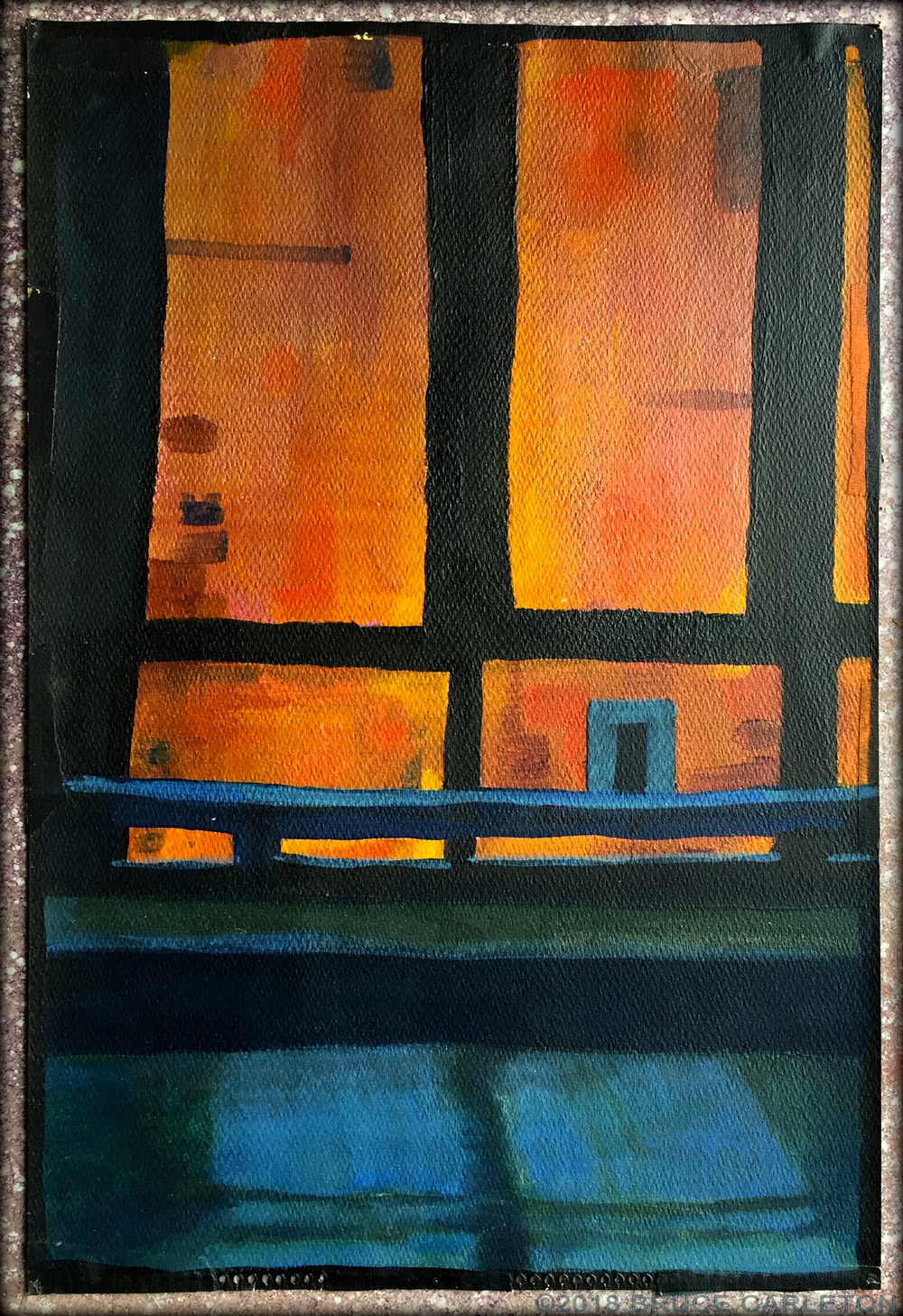 “Window on the Infernal Regions” MEDIUM: acrylic paint on paper STORY: For the first year I was at Pratt I lived in the dorm. I was in a lot of psychic upheaval at the time, and spent long evenings staring out the window at the eerie red glow of Brooklyn and waiting for an answer. None came, at least not quickly, but this painting — the only one I ever did between about 1973 and 2015 (see “Who Itches…”) — captured that feeling pretty well.