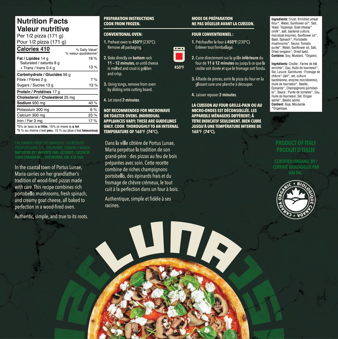 Luna Pizza Bottom of Package