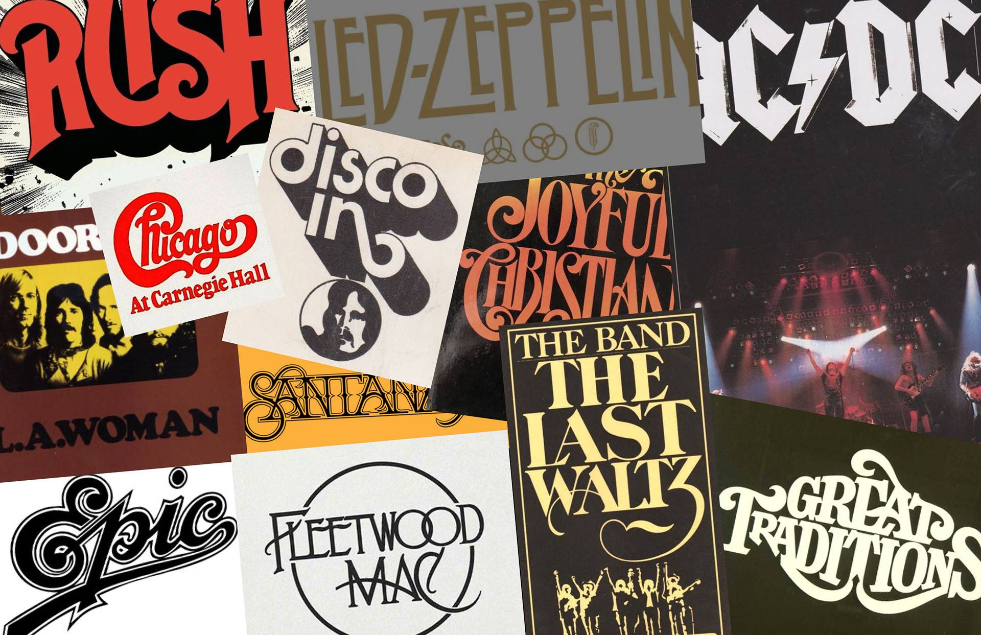 classic rock band logos collage