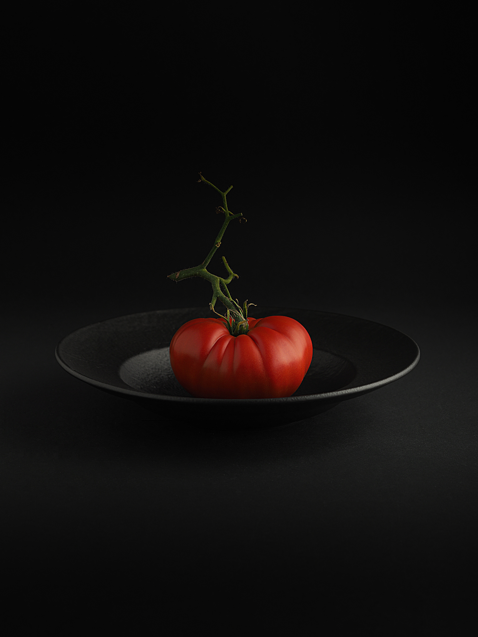 Červená paradajka na čiernom pozadí. Dark and moody foto. Autor Jana Kollarova