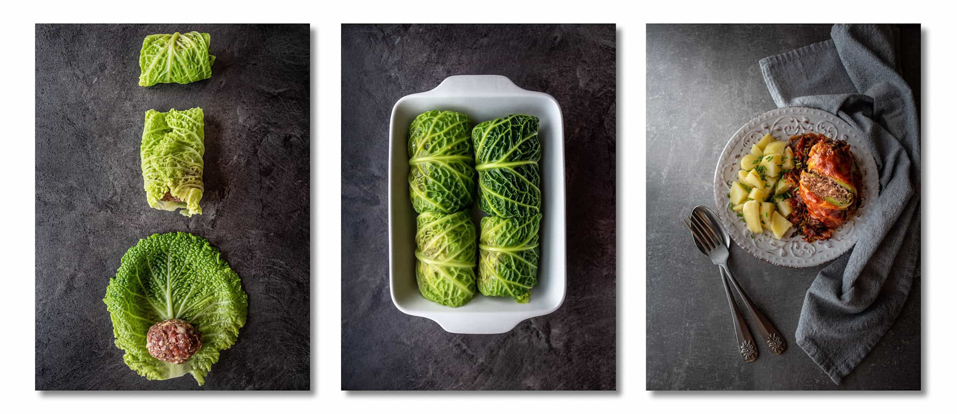 Krok za krokom recept na plnený kapustný list na tmavom podklade. Autor Jana Kollarova