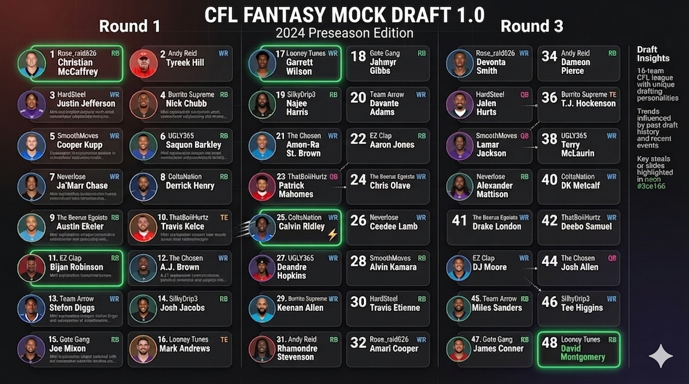 CFL Fantasy Mock Draft 1.0 table featuring three rounds of 16-team picks. Key selections include Christian McCaffrey, Austin Ekeler, Ja’Marr Chase, and Tyreek Hill in Round 1. Later rounds feature Patrick Mahomes, Jalen Hurts, and Bijan Robinson. Draft includes team names such as EZ Clap, SmoothMoves, and Looney Tunes, highlighting fantasy-focused strategies and updated player projections.