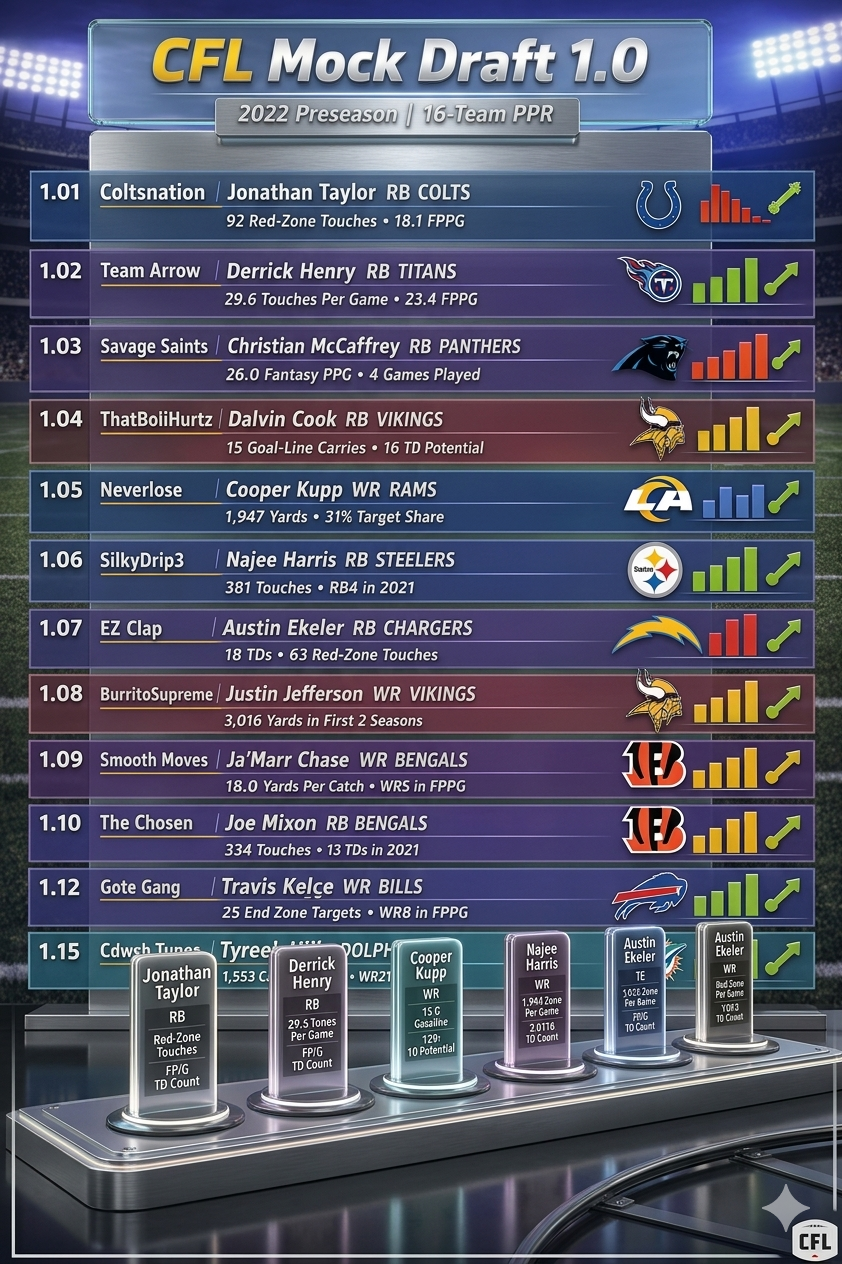 Table showing the first three rounds of CMJ’s 2023 CFL Mock Draft 1.0 with 16 teams. Round 1 highlights Christian McCaffrey as pick 1, Tyreek Hill at 2, and Justin Jefferson at 3. Rounds 2 and 3 show picks including Austin Ekeler, Patrick Mahomes, and Lamar Jackson, with team names like ColtsNation, Team Arrow, and EZ Clap. Draft analysis reflects player projections, recent draft history, and team tendencies.