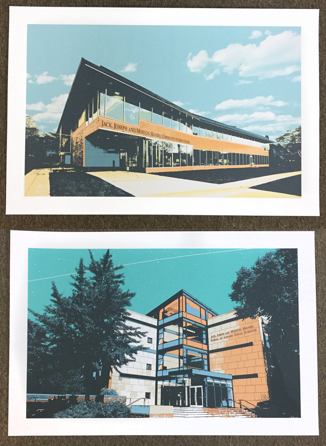 Commissioned serigraph prints featuring the two main buildings of the Mandel School