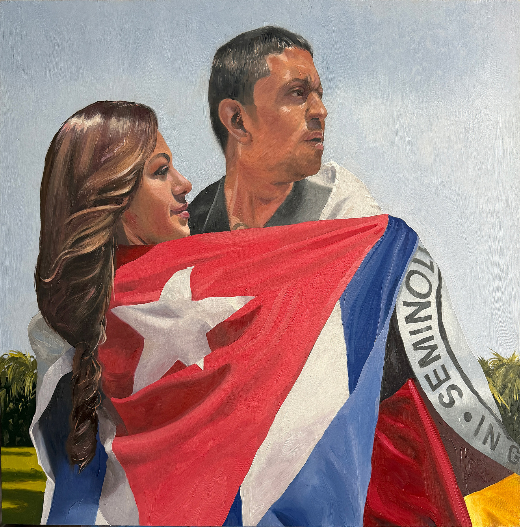 Embraced, oil on wood painting of a Cuban female and a Seminole Indian male, 30 x 30 inches, by Fort Lauderdale artist Ignacio Hernandez