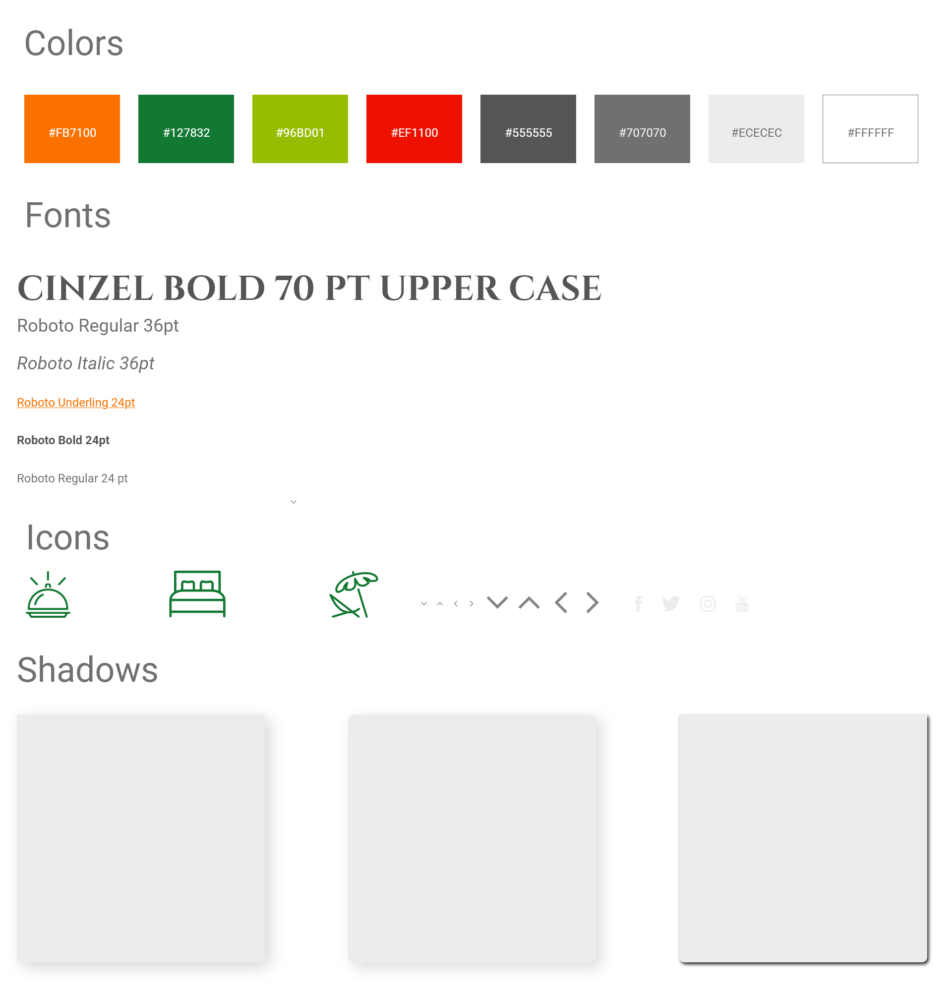 Finally, when the site was finished, I created a branding guideline that included buttons, colors, icons type treatment, and shadows.