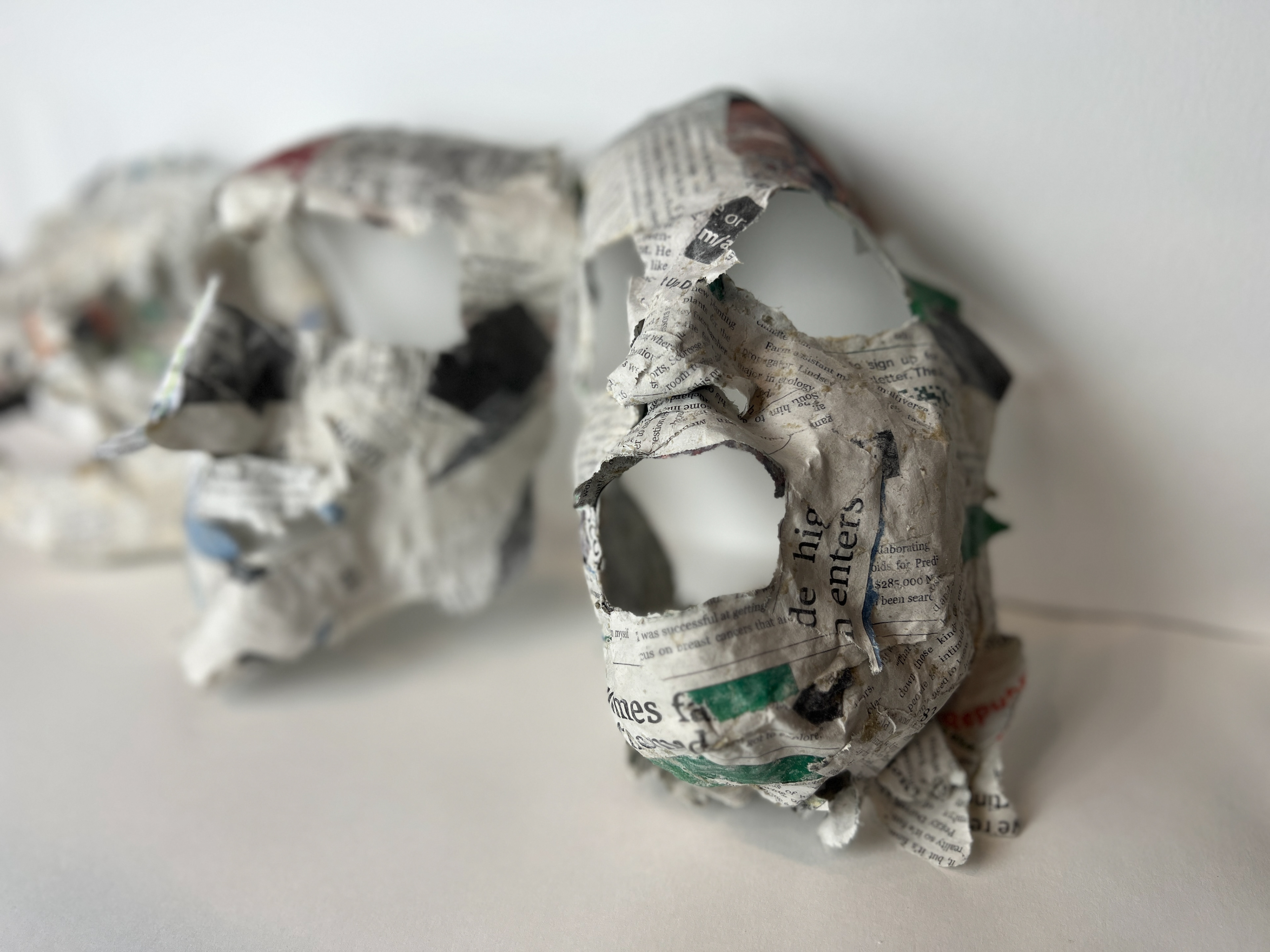 Fragments of Reverie – Masks in Progress, paper-mâché, 2024