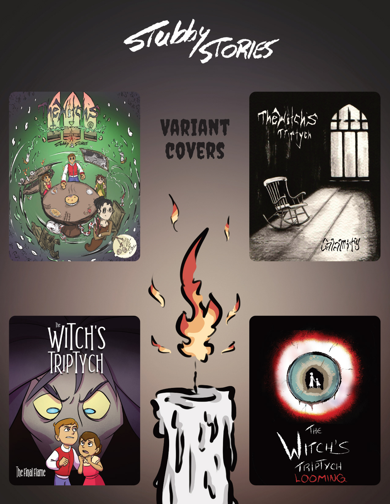 From top left to bottom right: Standard Cover, Calamity Variant, Flame Variant, Looming Variant