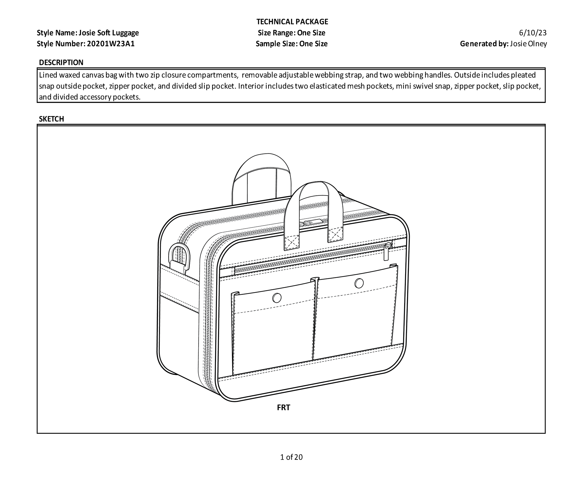 Sample Tech Pack Cover Page