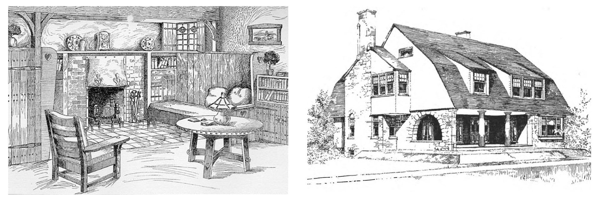 line drawings of arts and crafts and craftsman style house and interior by architect e g w dietrich