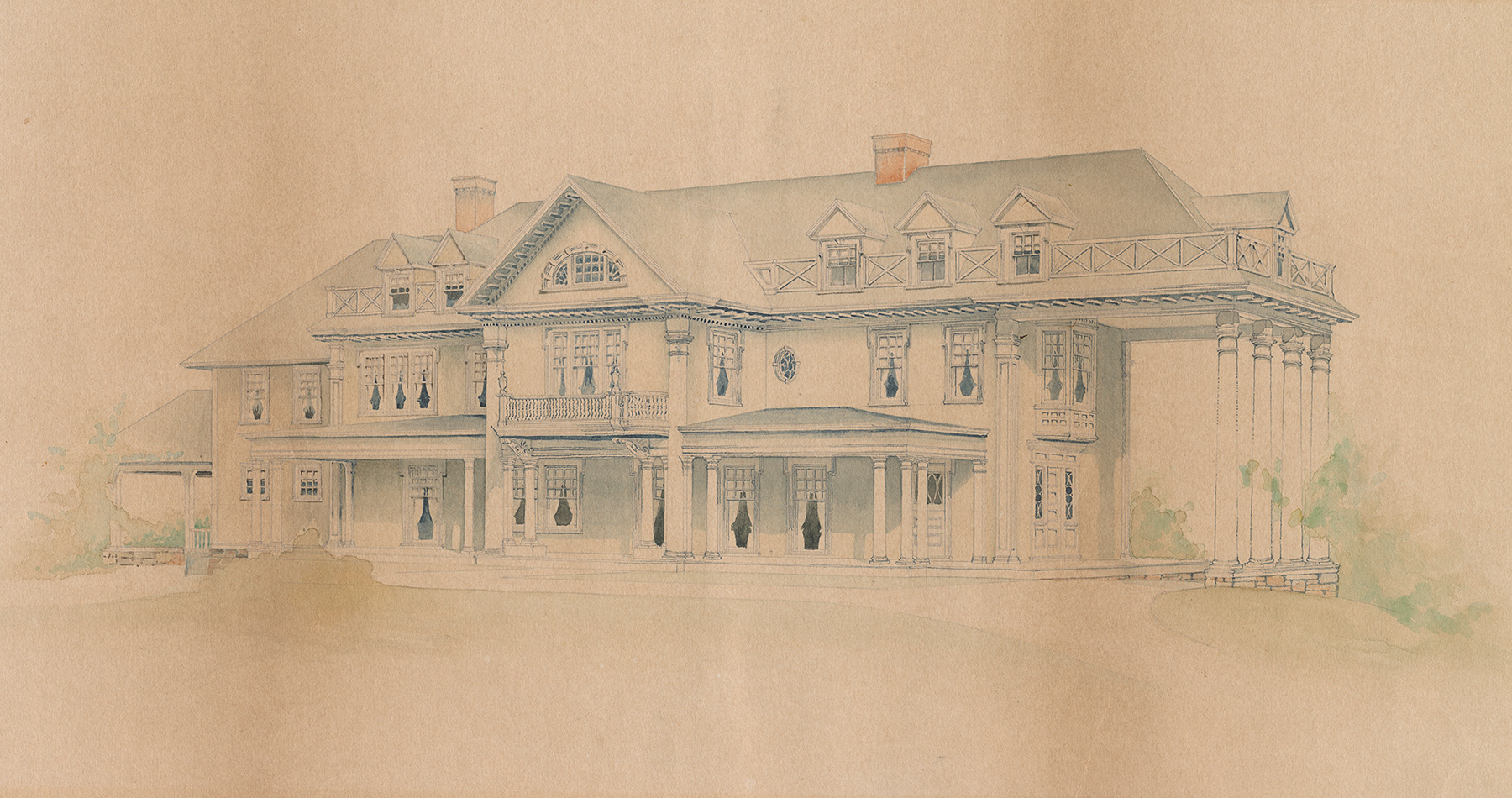 Original watercolor rendering by architect E. G. W. Dietrich of his design for "The Knolls", the Solomon and Adelaide Johnson country house in Warwick, New York