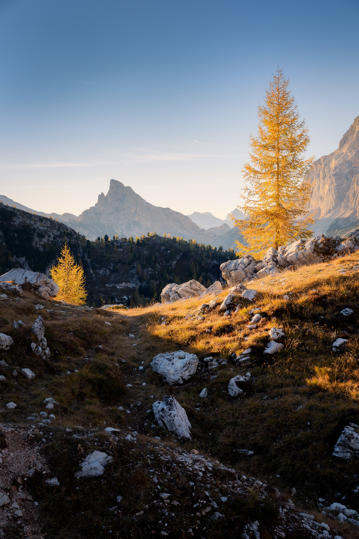 Podzimní zlaté modříny v Dolomitech