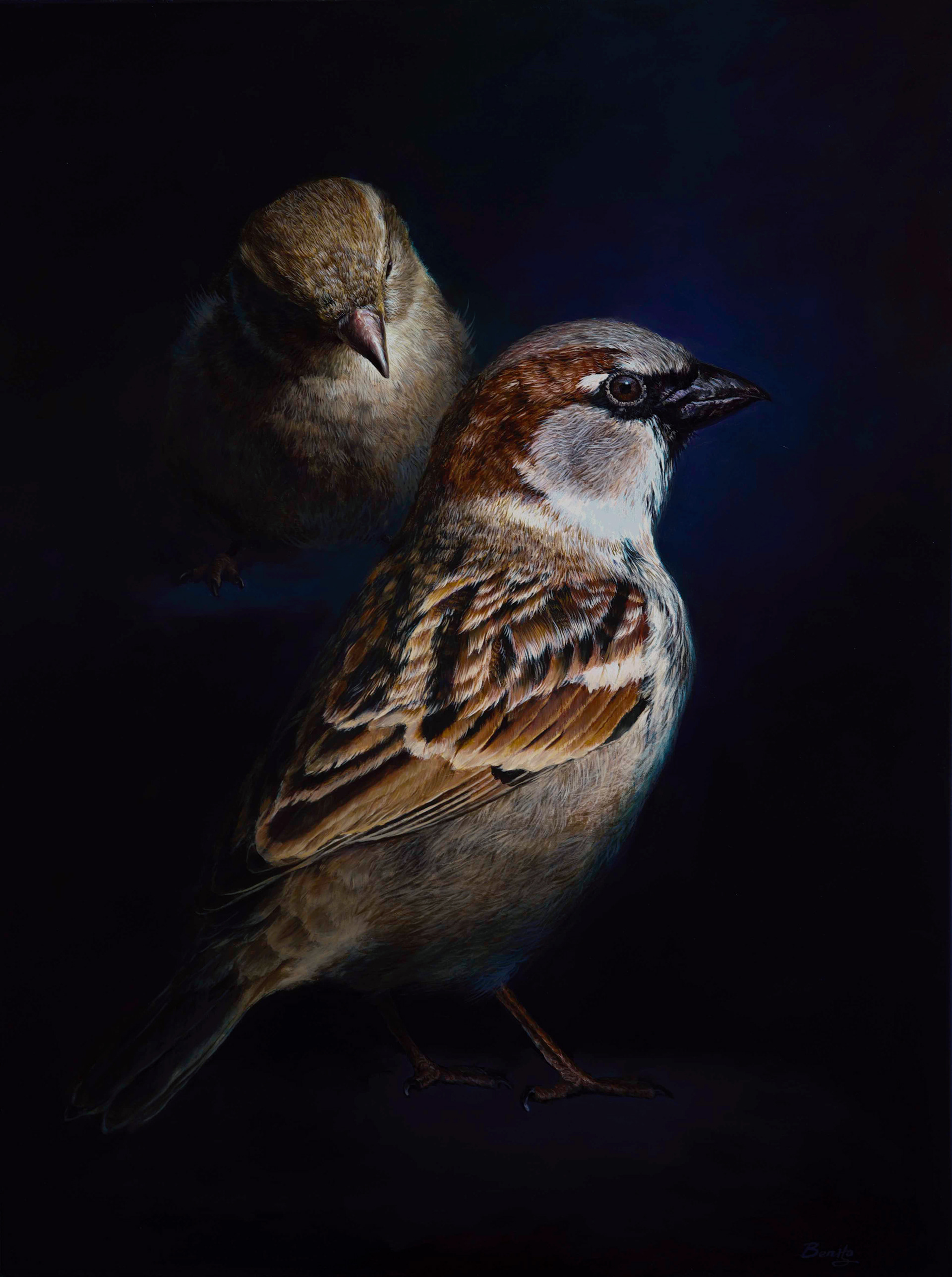 Meeting of the sparrows. Oil on linen. Size:76x102cm.