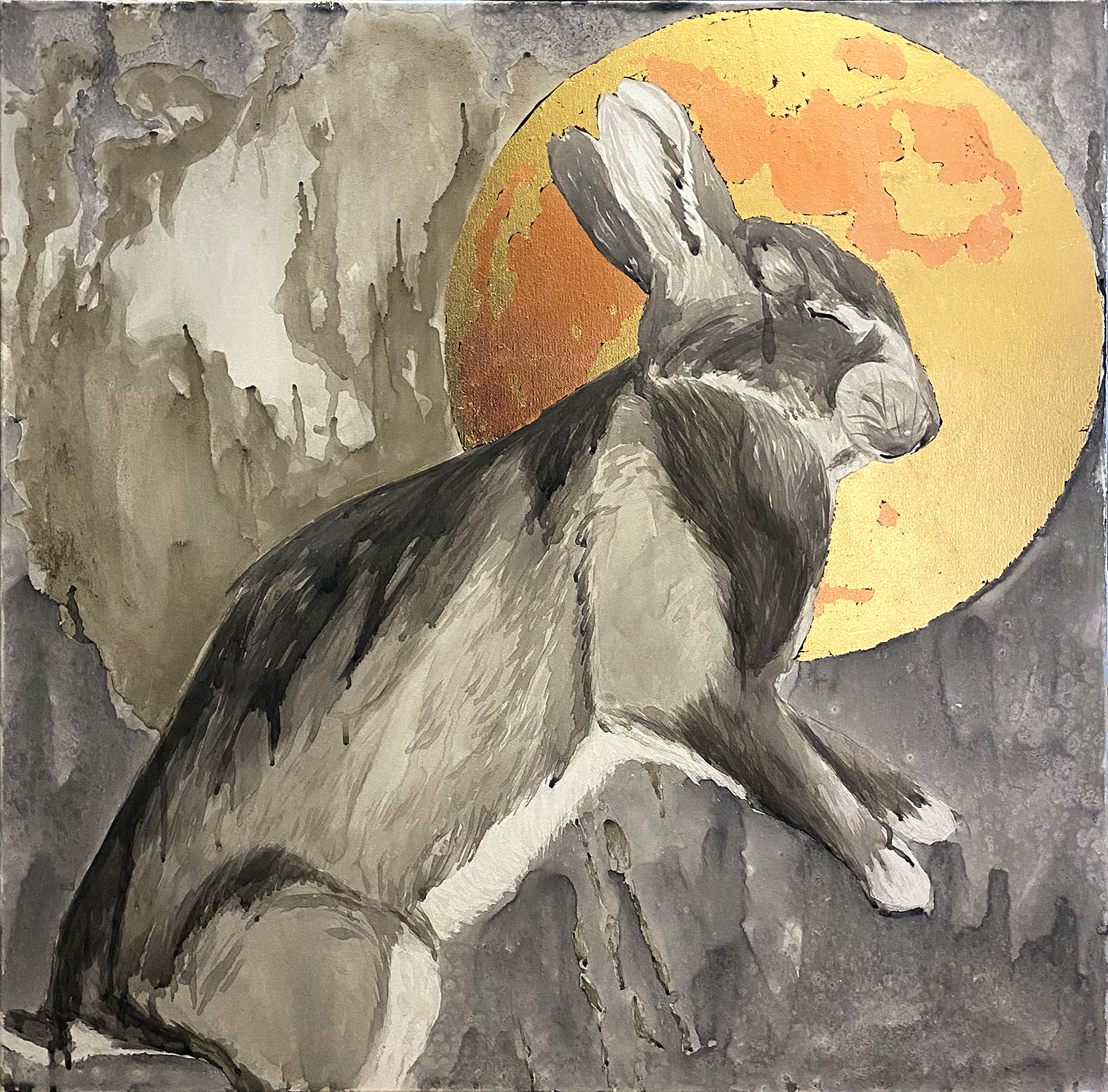 Moonlit Martyrdom, Ink and Metal Leaf on Canvas, 30 x 30 in, 2024