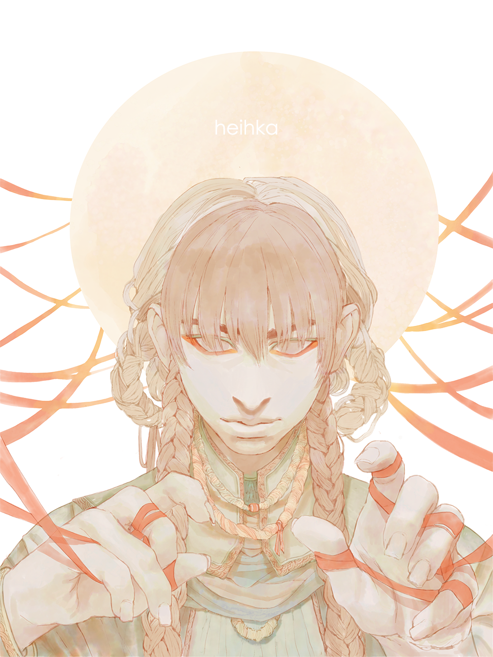 Single character, Bust; hands appearing; very simple BG,