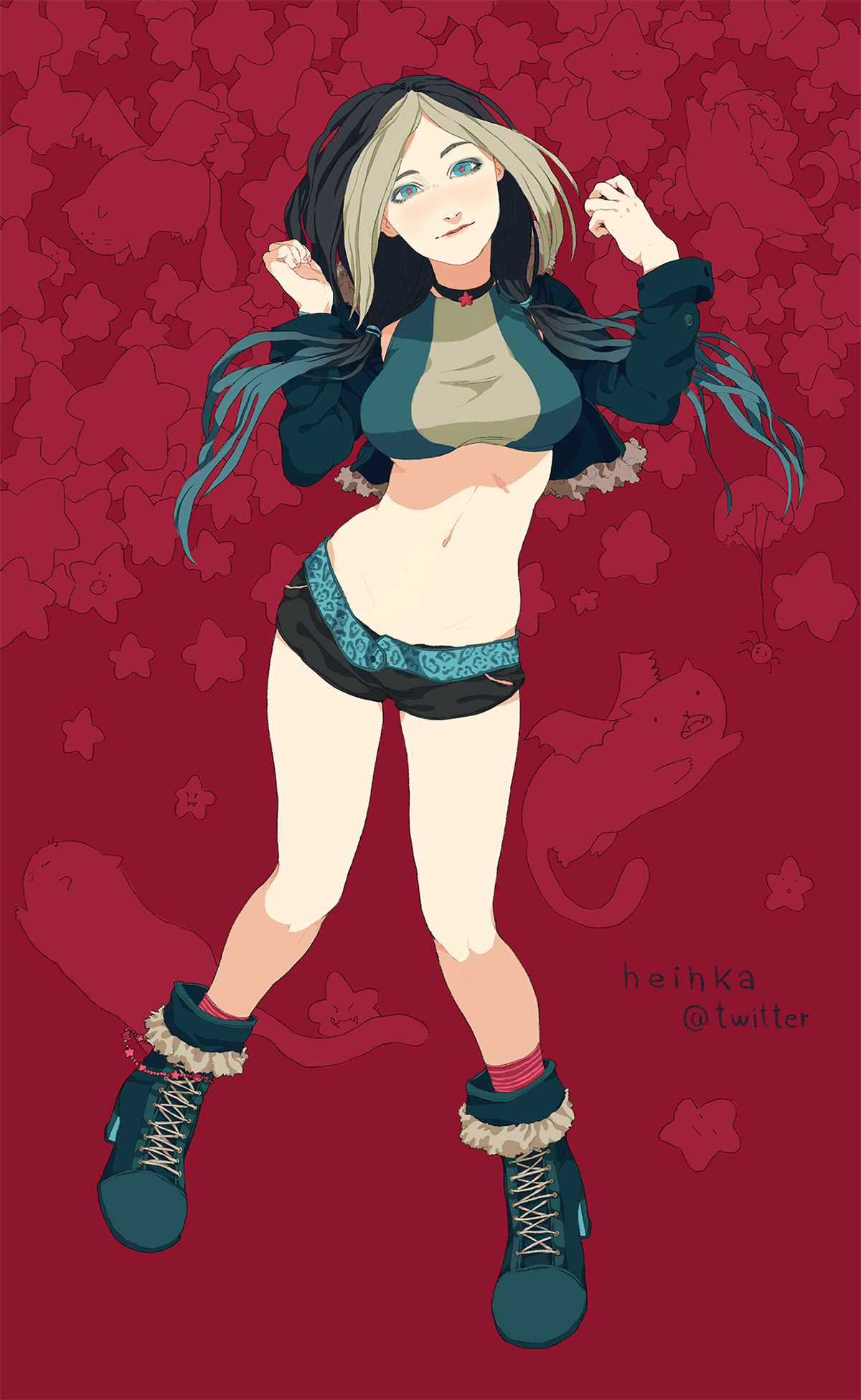 Full body character; lineart and flat colors with shading. Simple BG.