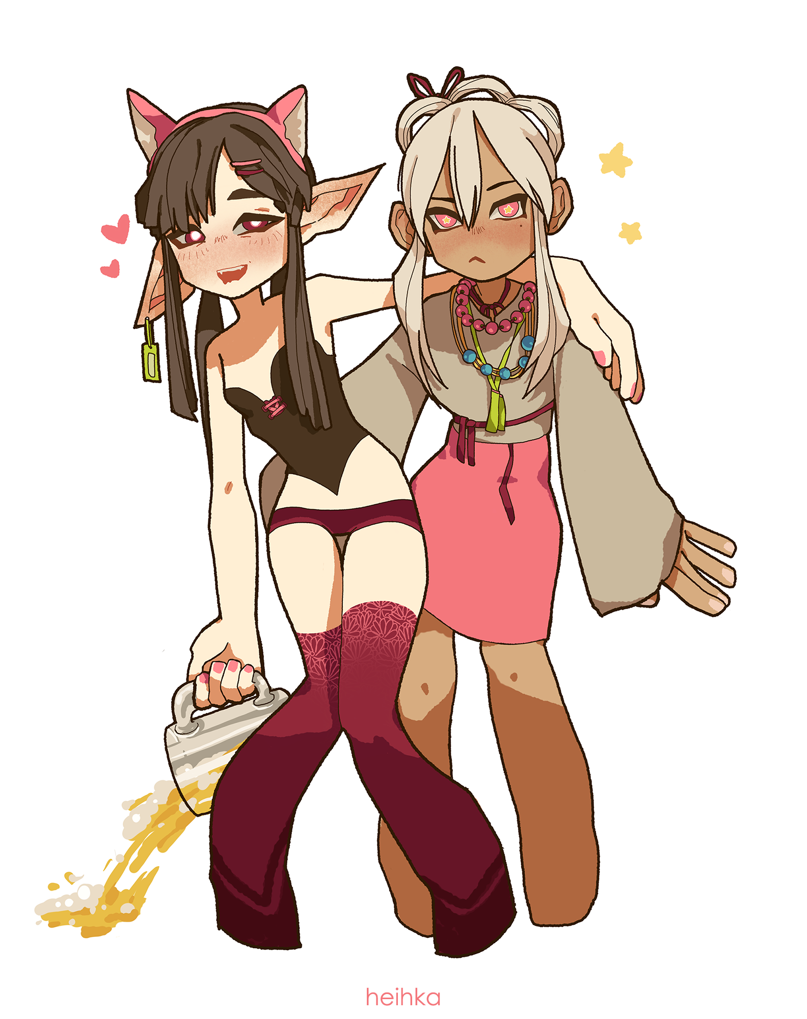 Two very simple full body characters; lineart and flat colors with shading.