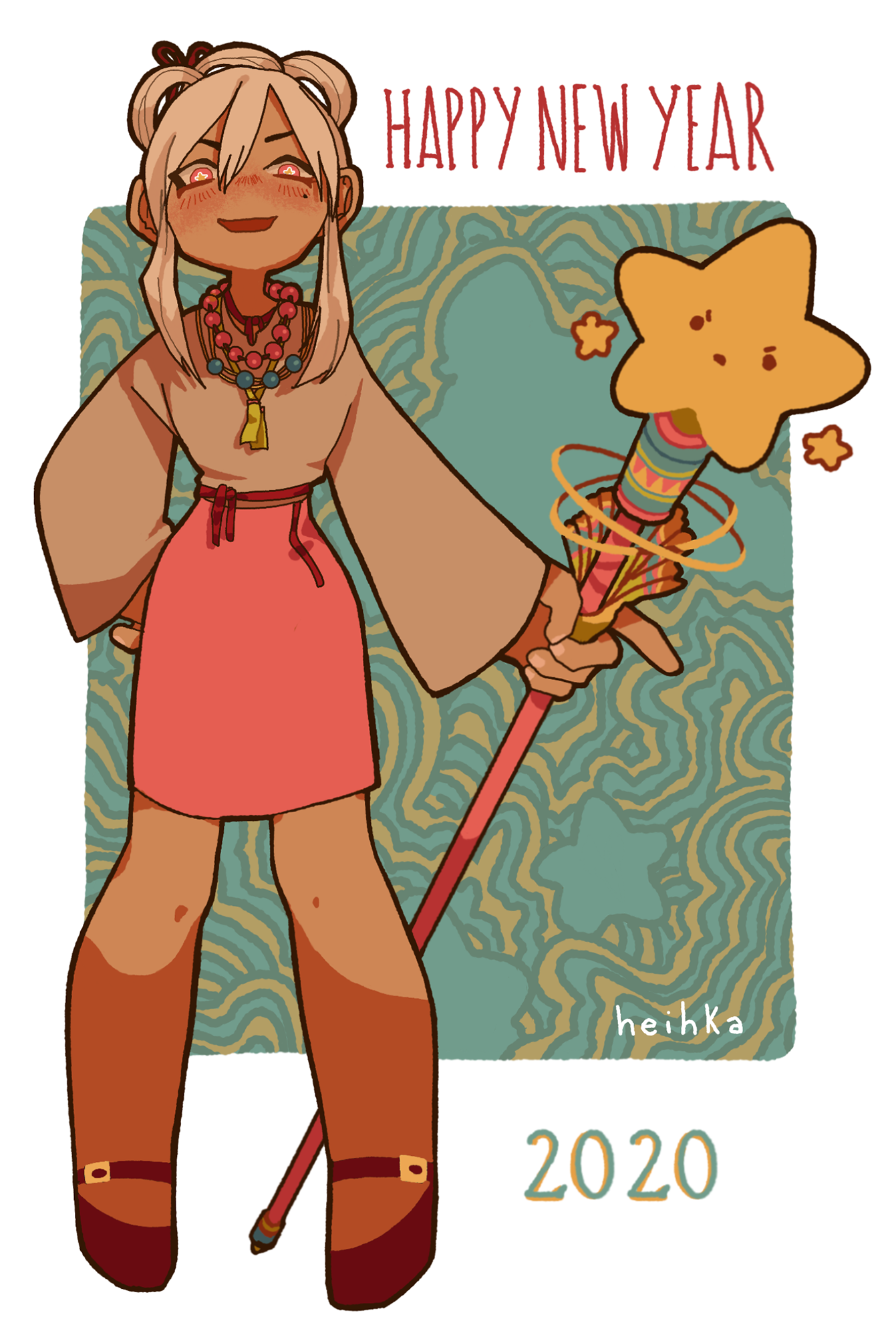 One very simple full body character; lineart and flat colors with shading. Simple abstract BG.
