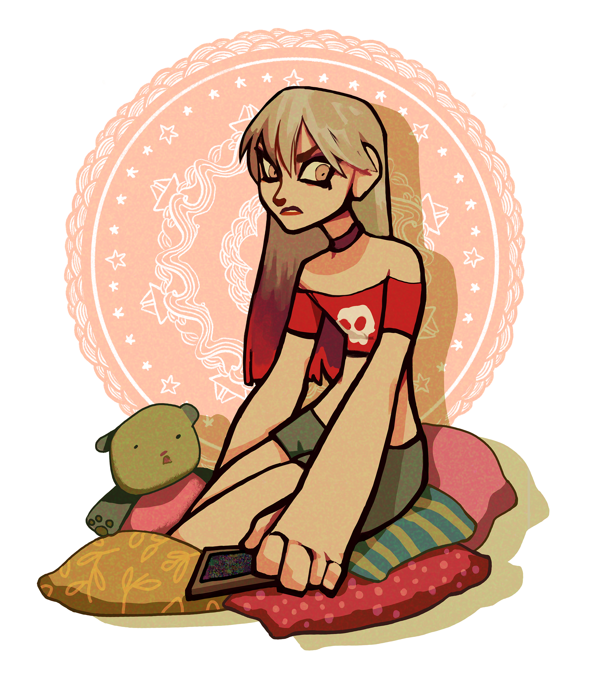 One very simple full body character; lineart and flat colors with shading. Simple BG plus simple objects (teddy bear and cushions)