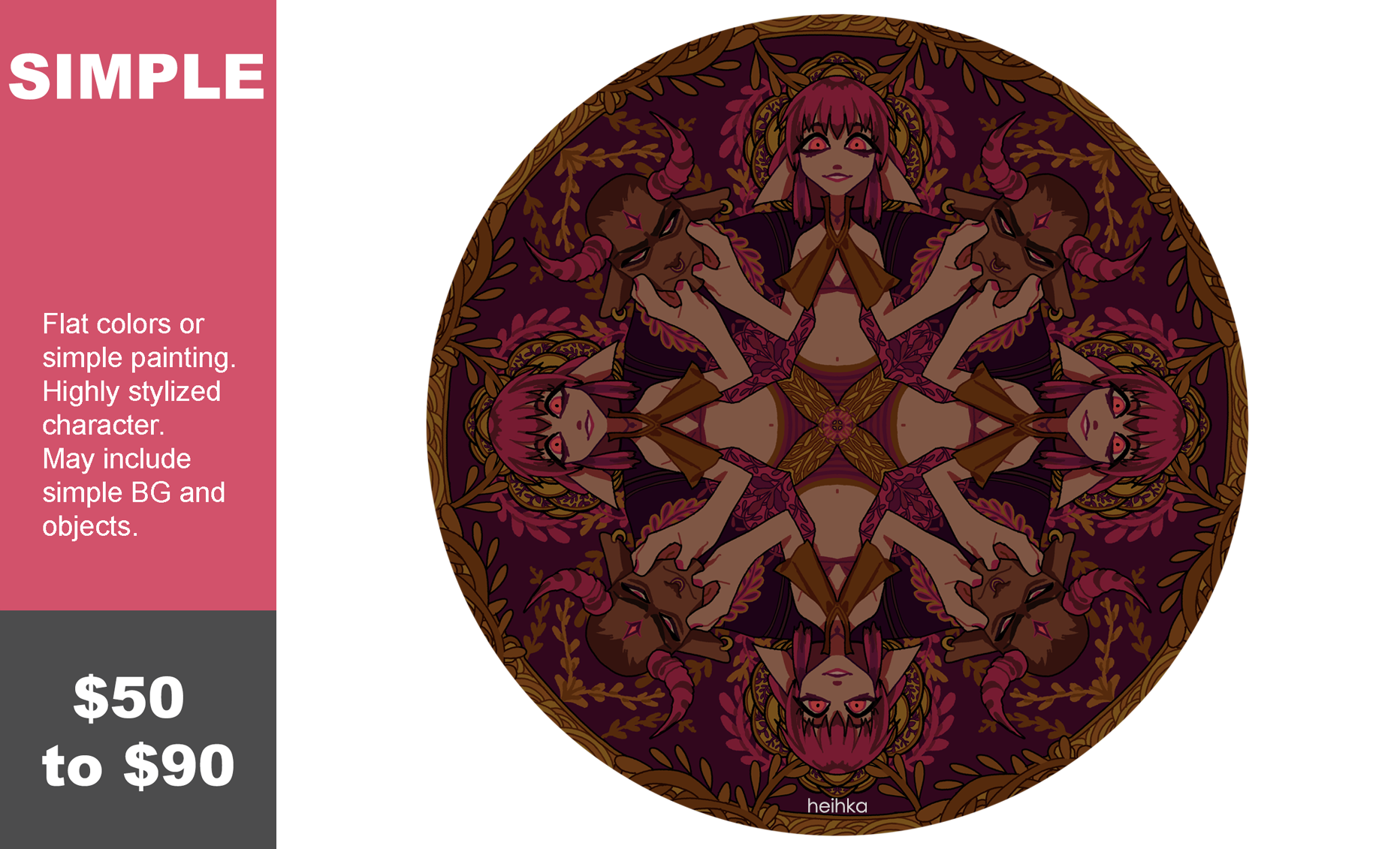 SIMPLE. Flat colors or simple painting. Highly stylized character. May include simple BG and objects. Price: $50 to $90.