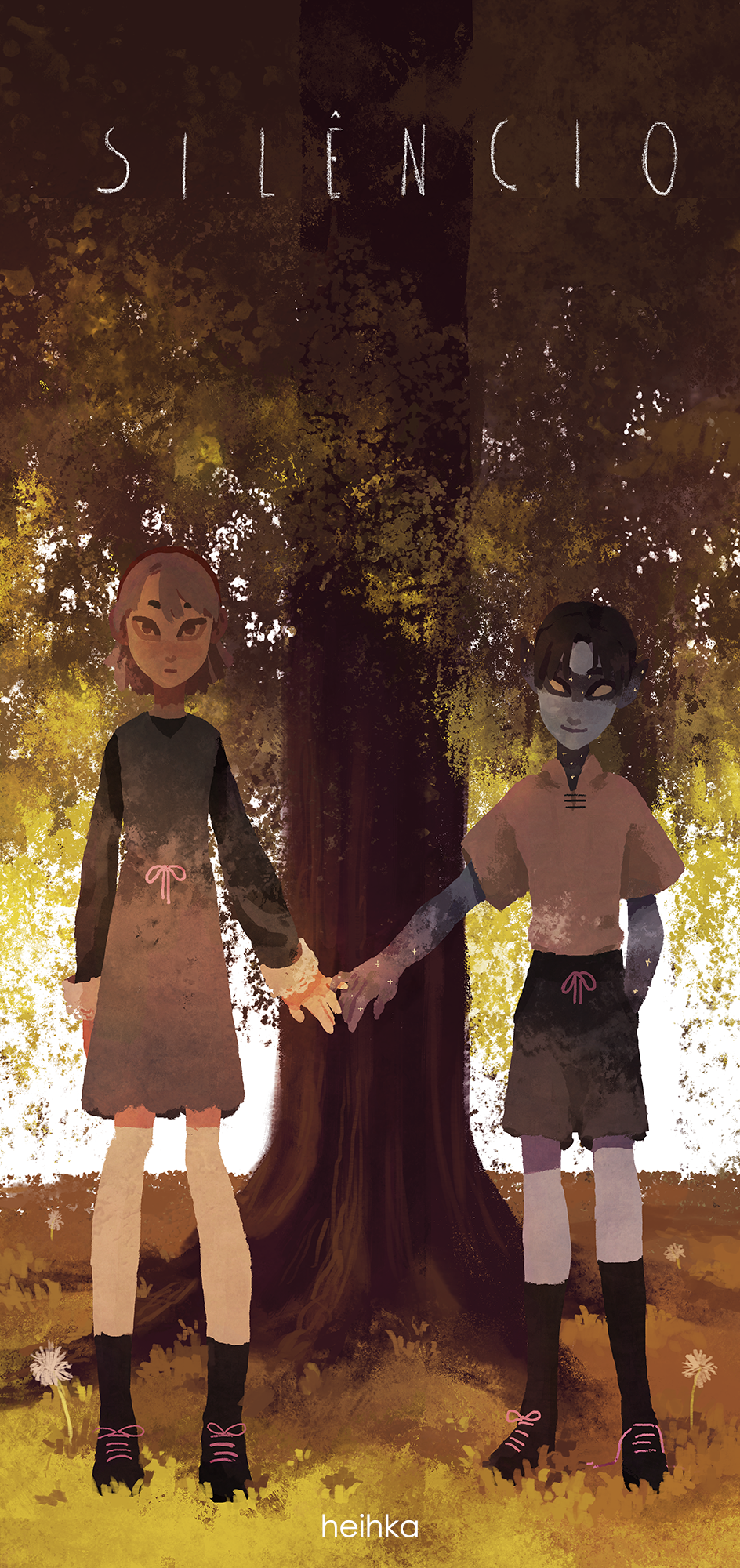 Two full body characters on a background; painted.