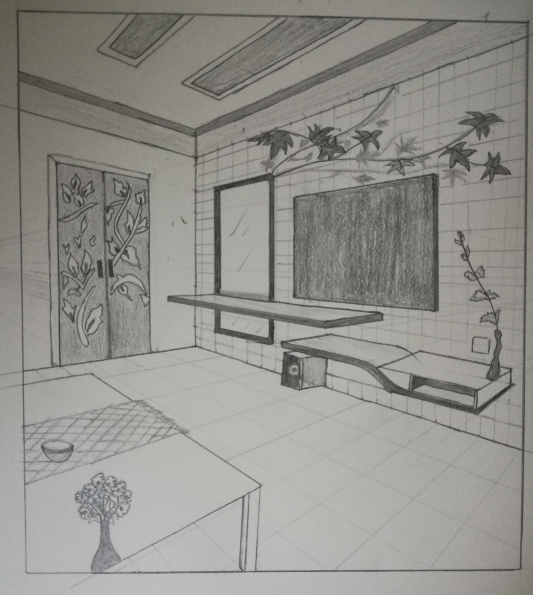 two-point perspective of living area. Hand rendered in pencil