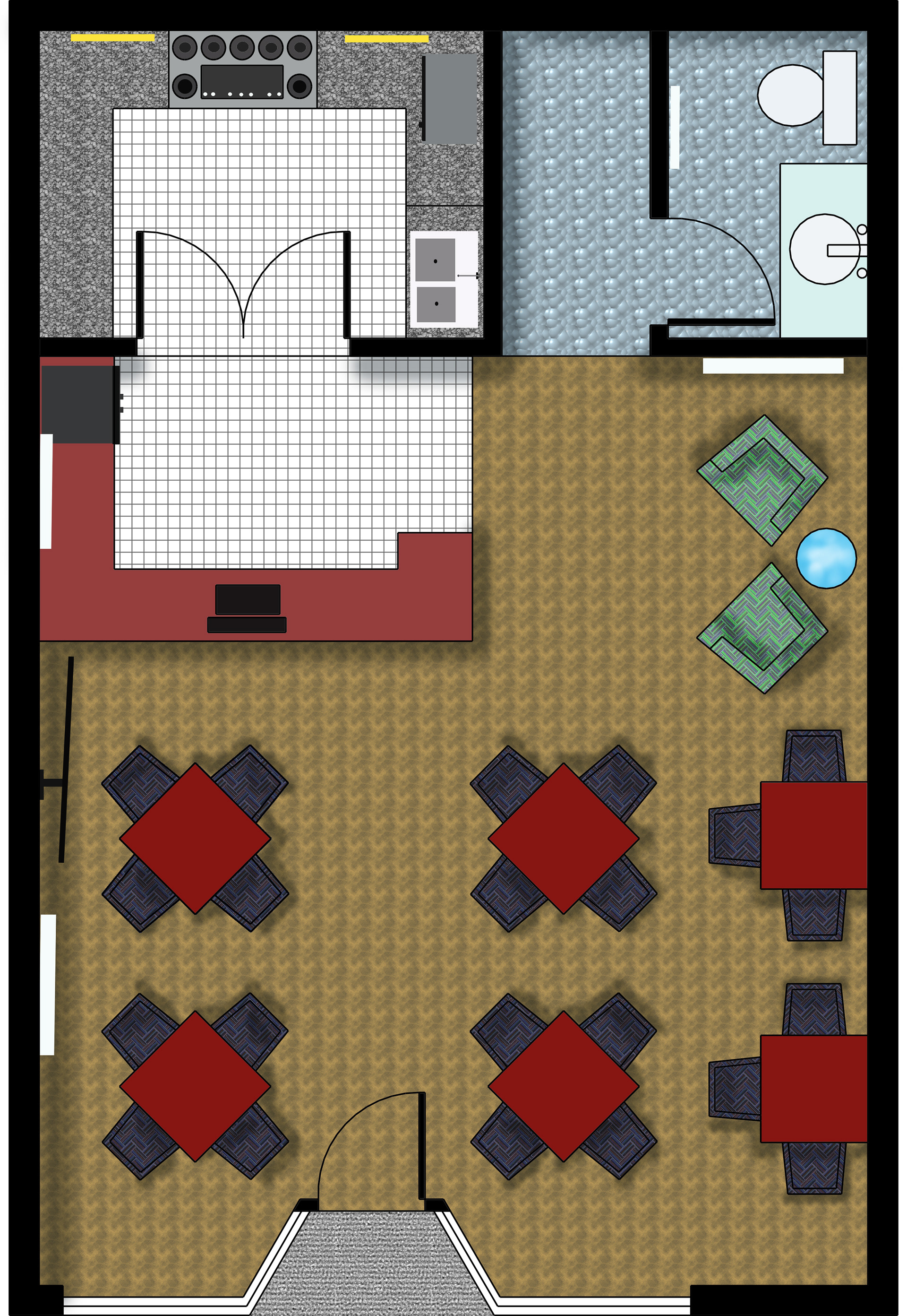 Rendered floor plan with changes of fabric pattern applied to dining chairs and wooden flooring