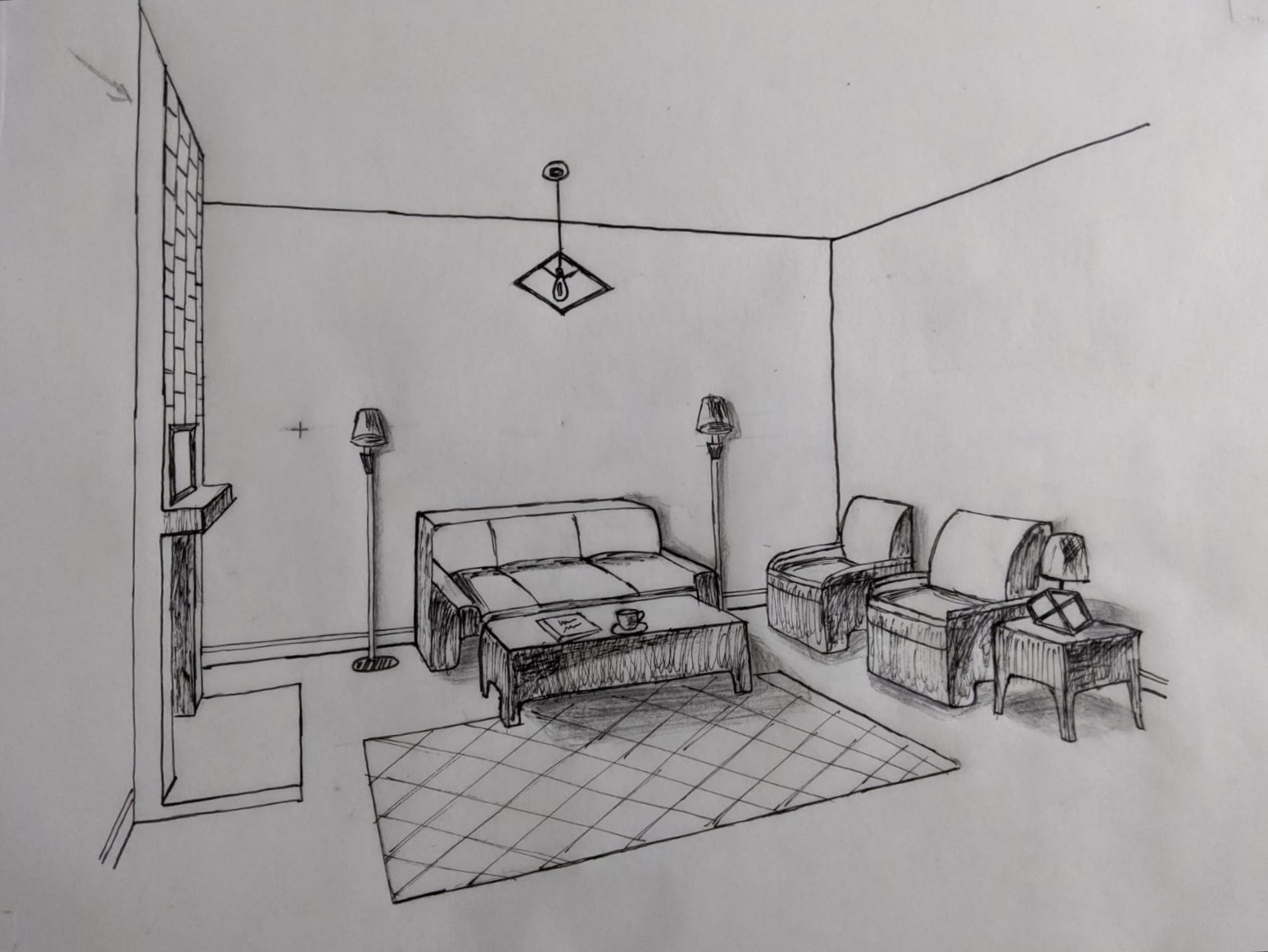 Furnitures in perspective. Hand rendered in pen